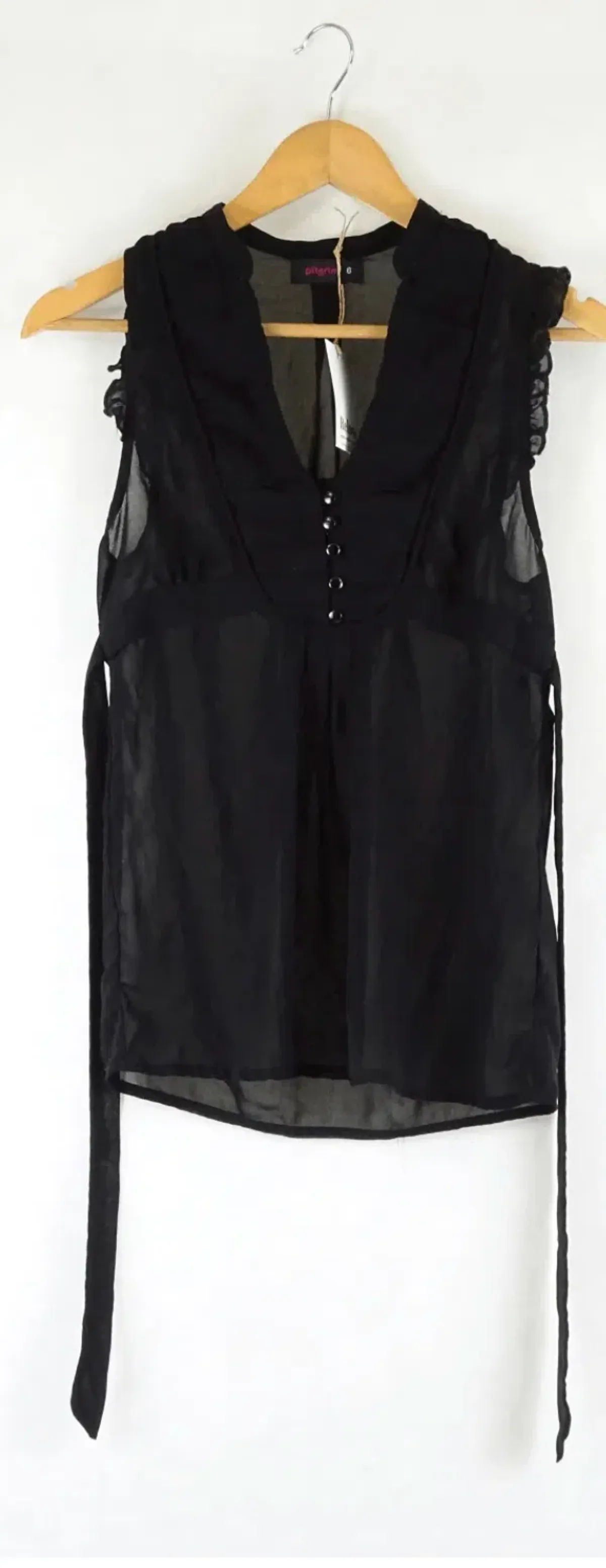 Pilgrim Size 6 Black Sheer Sleeveless Ruffle Blouse with Tie Waist for rent on The Volte - main image