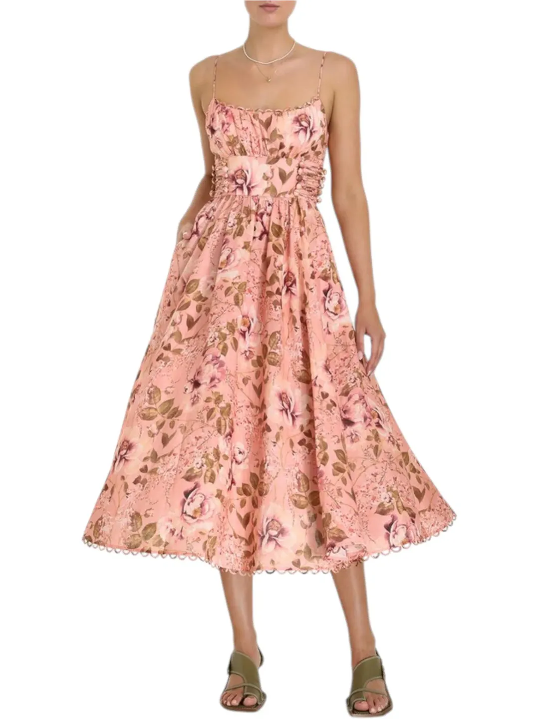 Zimmermann Rosa Laced Picnic Dress Size 4 / AU 16 Linen Pink Floral Print Midi for rent on The Volte - main image
