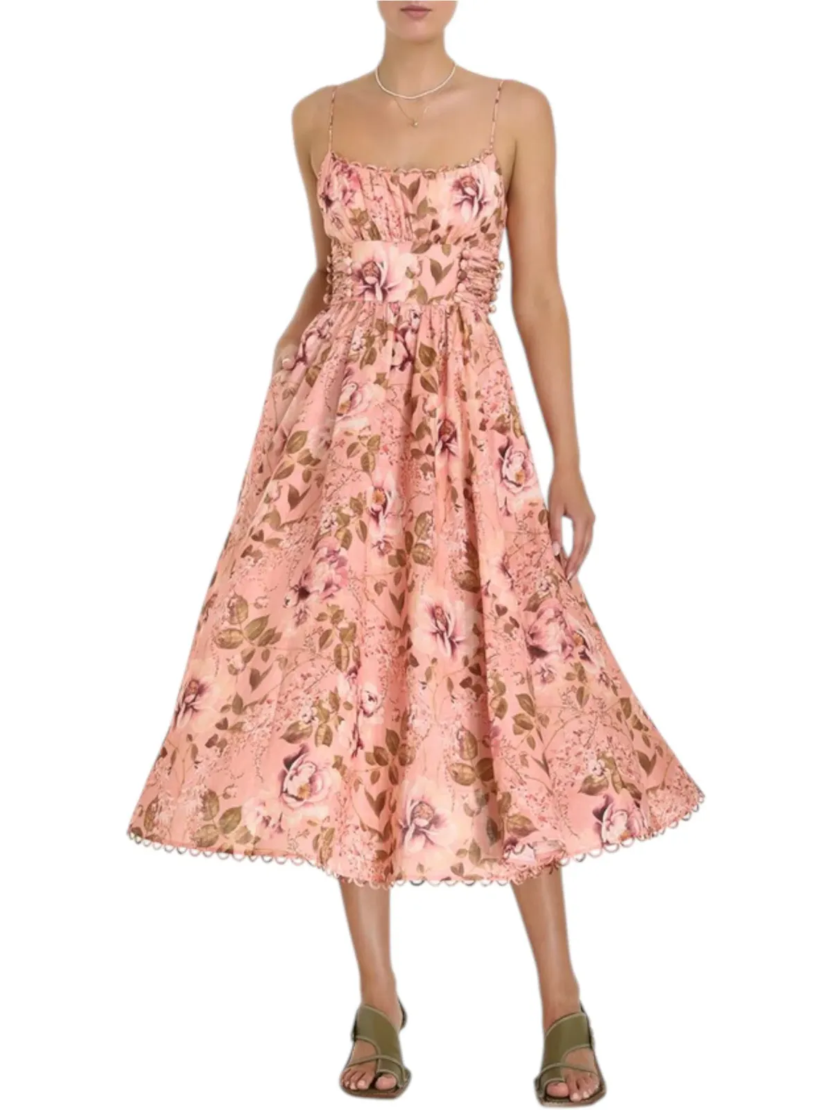 Zimmermann Rosa Laced Picnic Dress Size 4 / AU 16 Linen Pink Floral Print Midi for rent on The Volte - main image