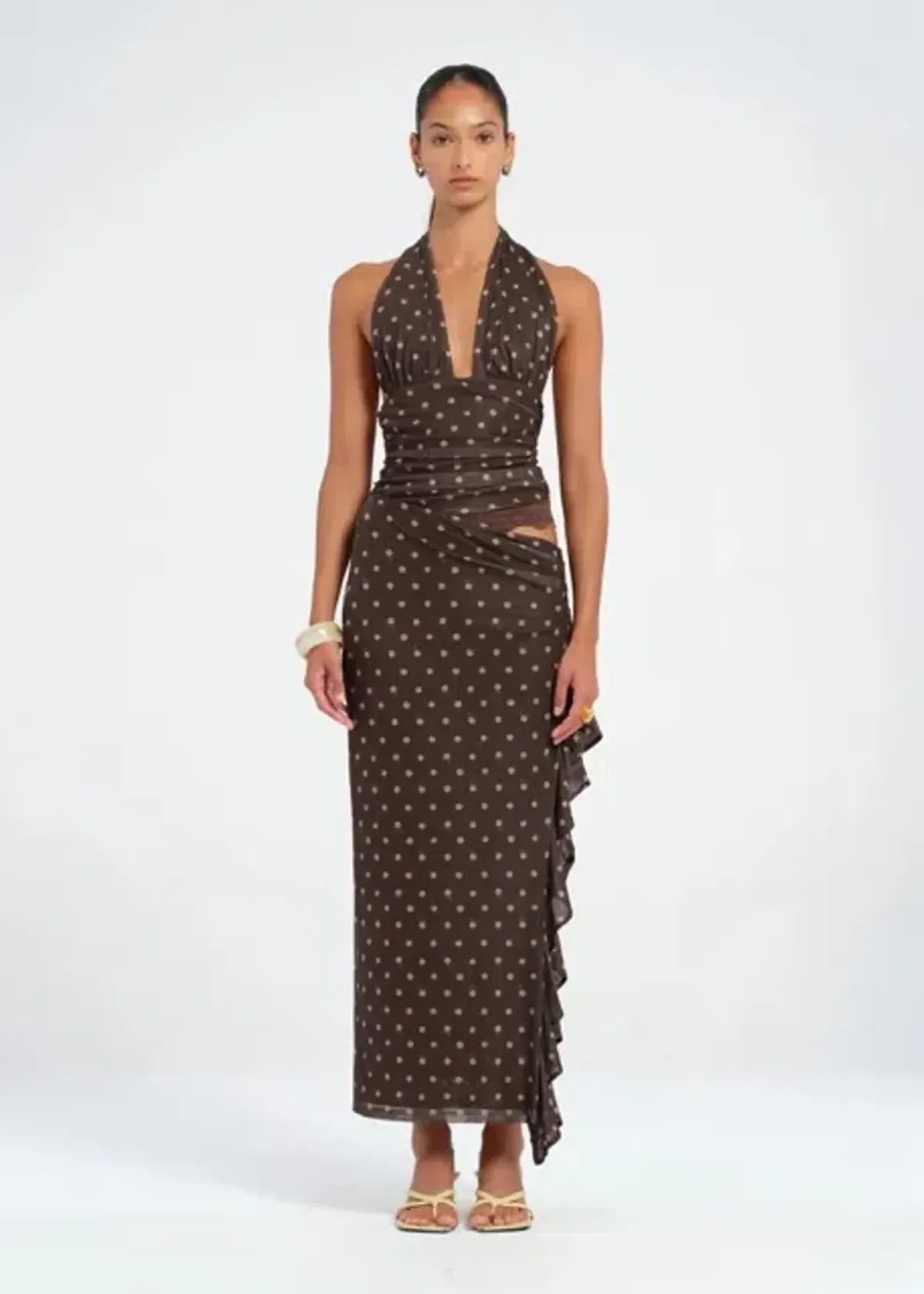 BENNI PENELOPE MAXI DRESS CHOCOLATE POLKA DOT SIZE 8 - Image 2