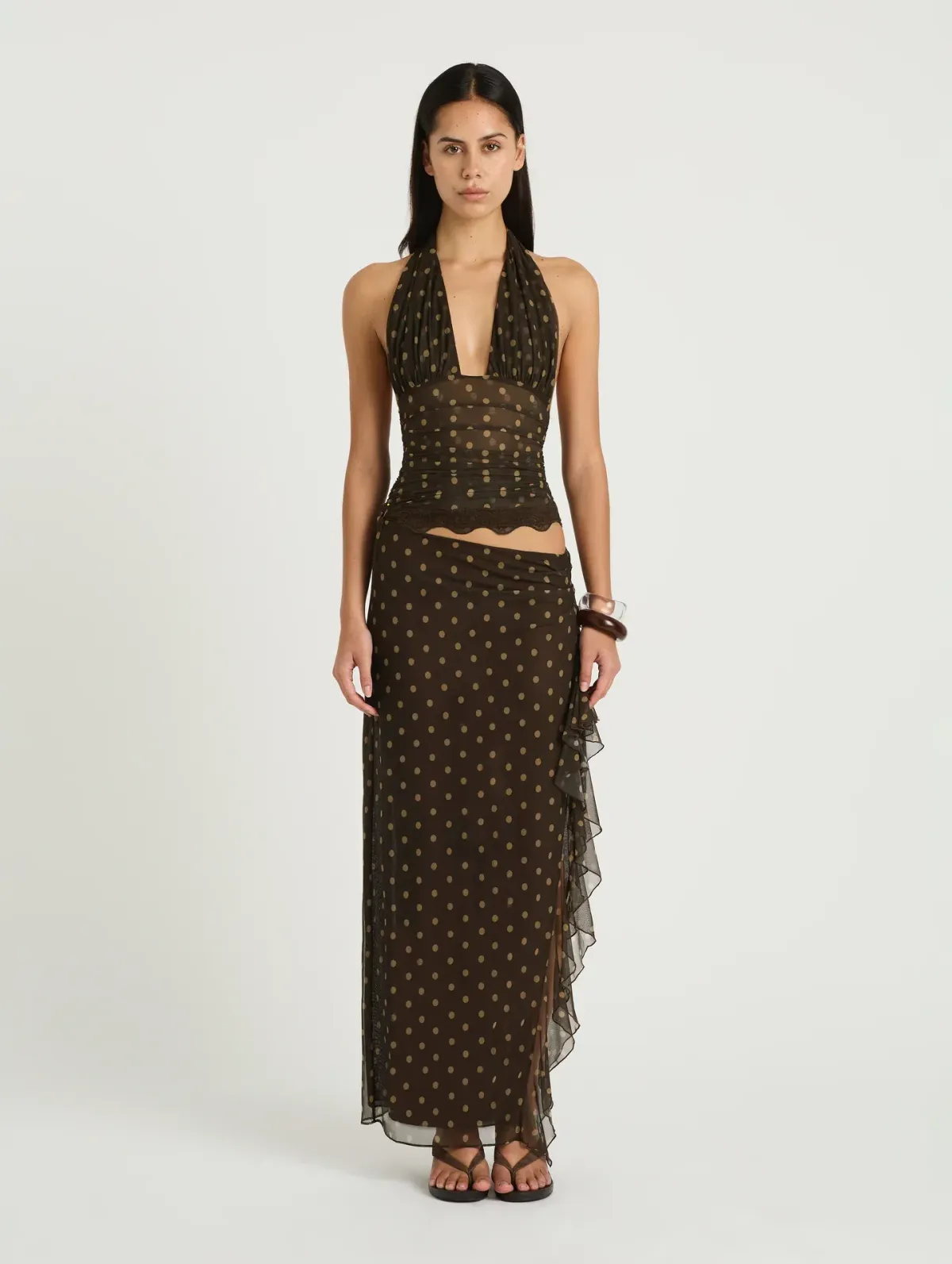 BENNI PENELOPE MAXI DRESS CHOCOLATE POLKA DOT SIZE 8 - Image 1
