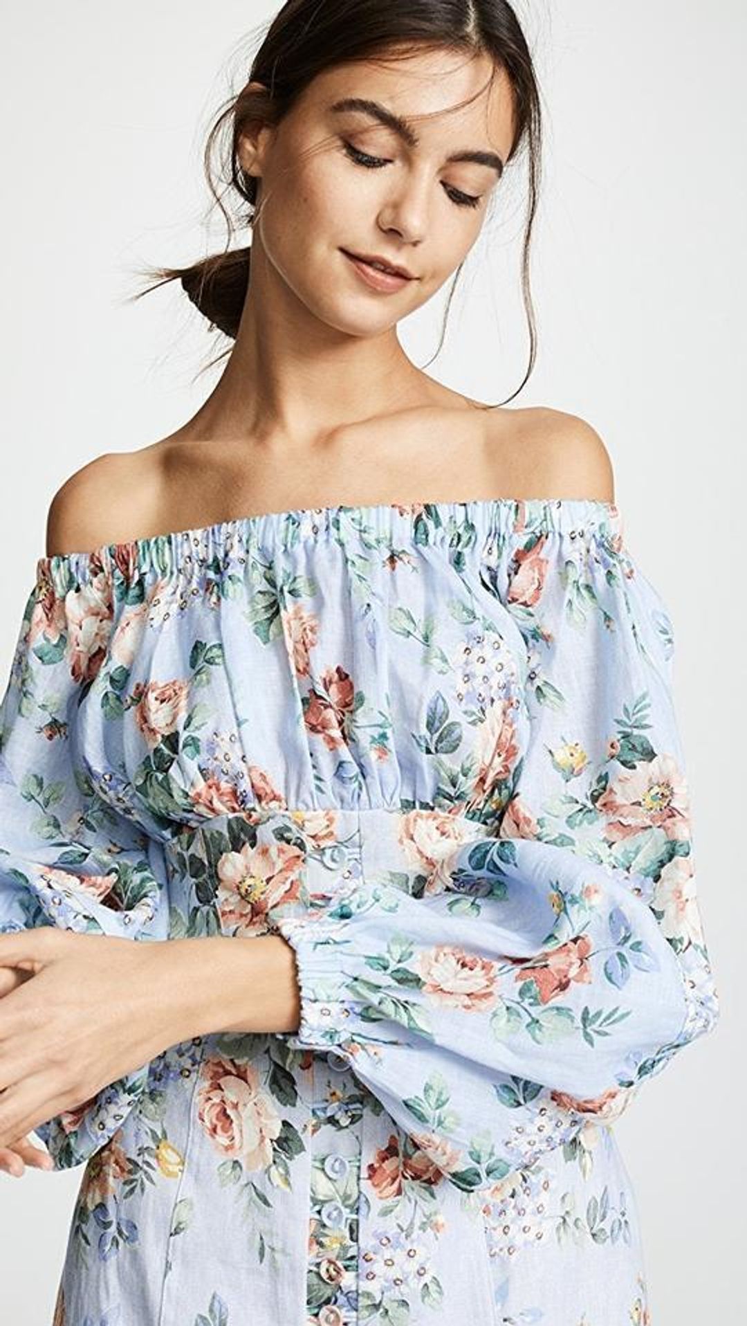 Zimmermann Bowie Off Shoulder Mini Dress In Lilac Floral Print Size 8 for rent on The Volte - main image