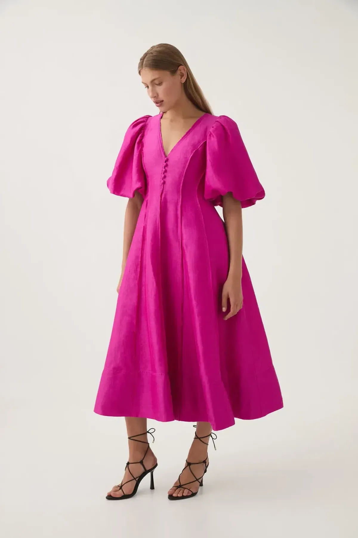 AJE DUSK PUFF SLEEVE MIDI DRESS IN DEEP MAGENTA - Image 3