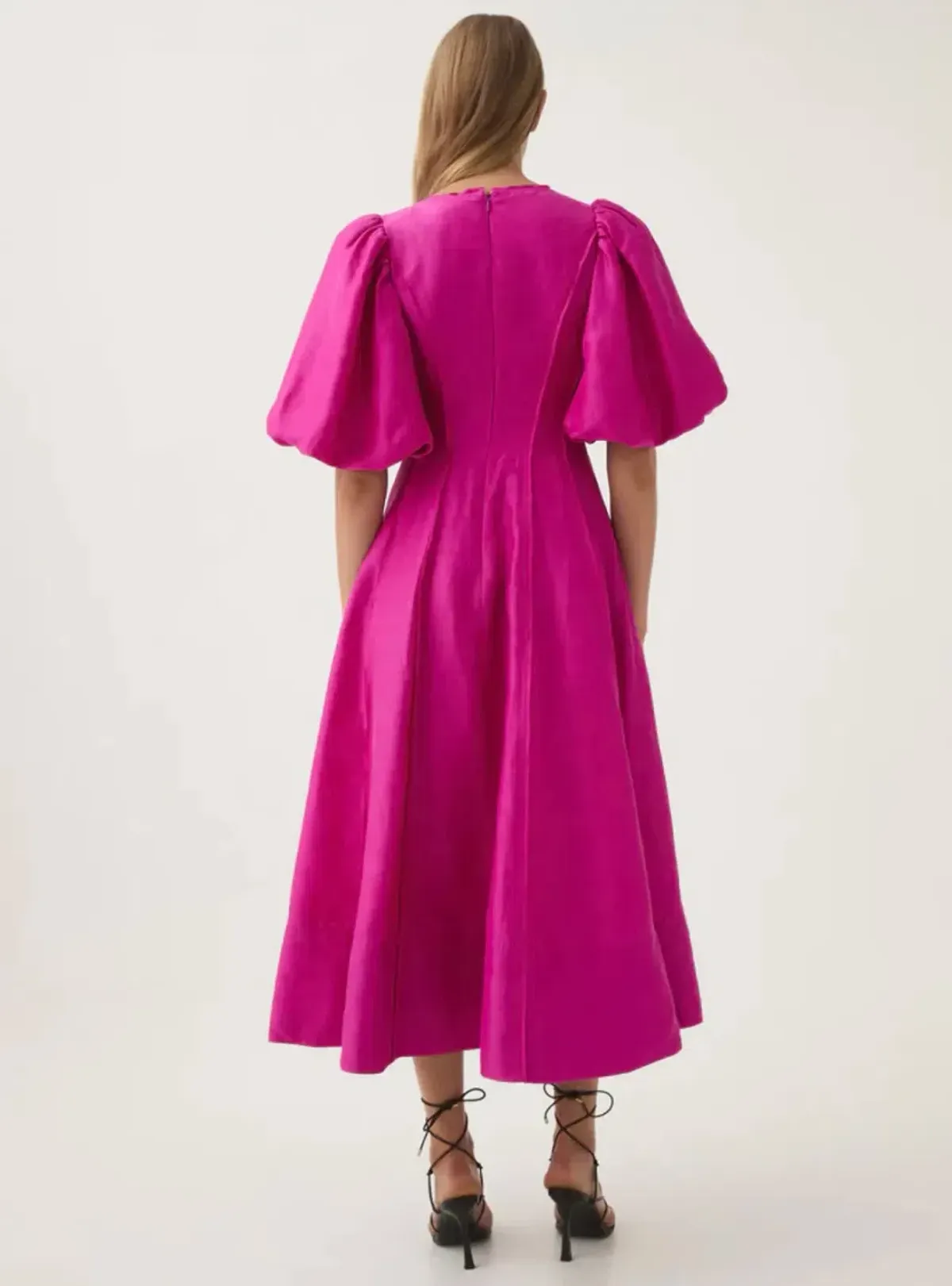 AJE DUSK PUFF SLEEVE MIDI DRESS IN DEEP MAGENTA - Image 1
