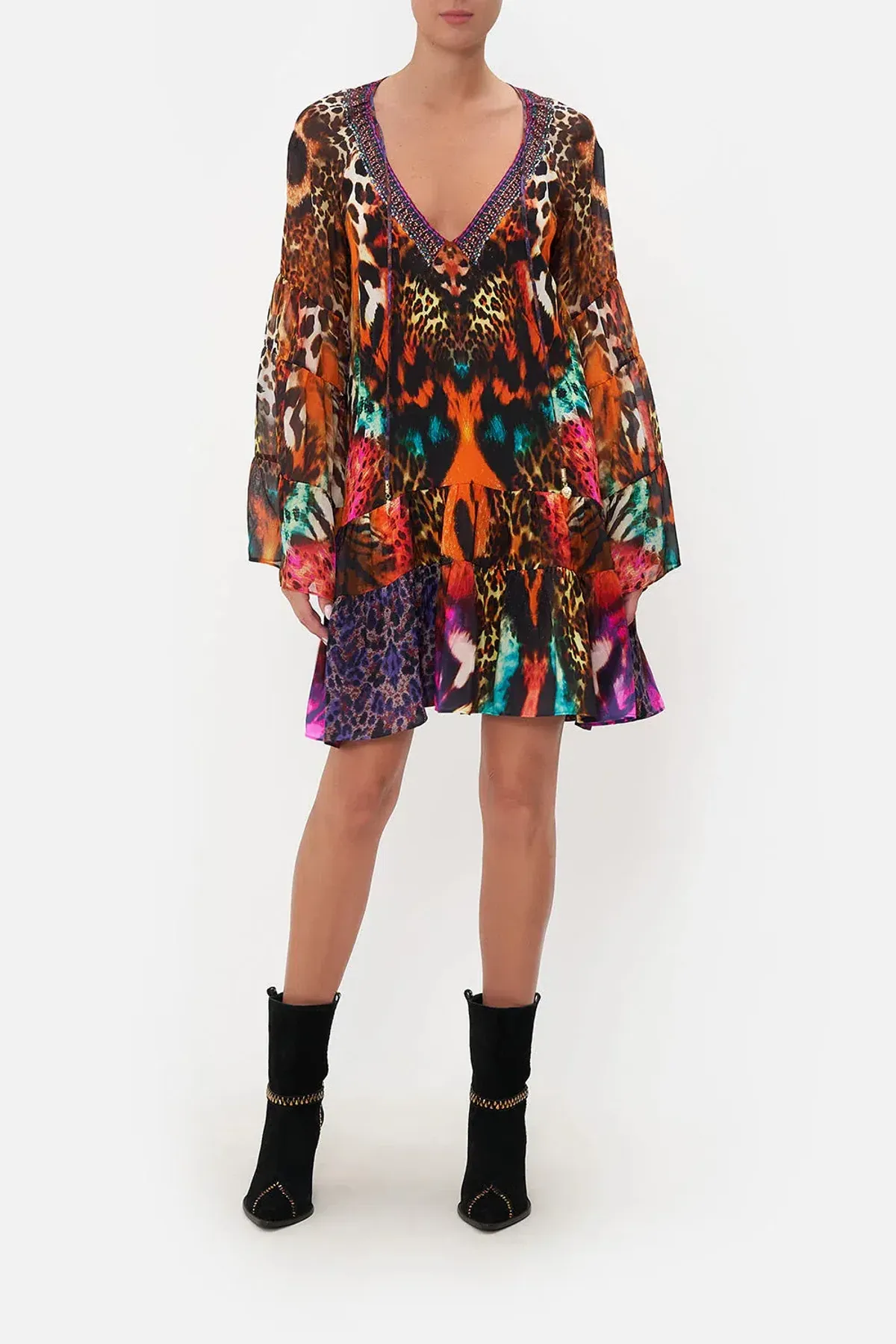 Camilla A-Line Gathered Panel Mini Dress Surrealist Suspension Multi Size 10 for rent on The Volte - main image