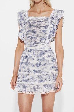 Sir The Label Dahlia Linen Ruffle Mini Dress Blue Palm Tree Print | AU 6 for rent on The Volte - image 2