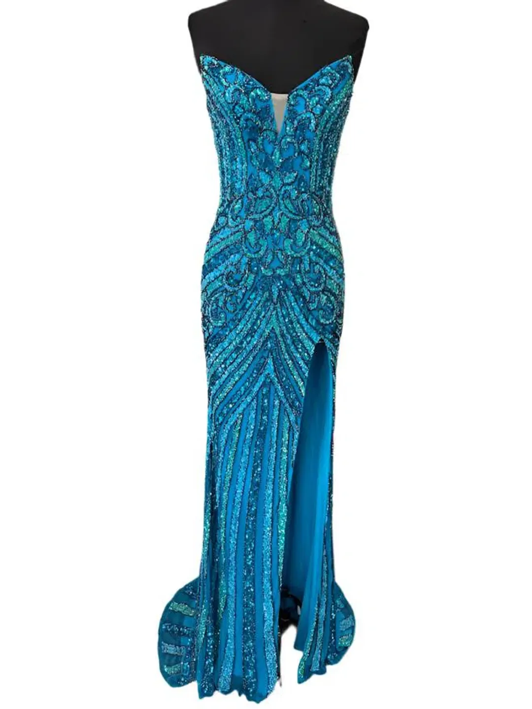 Jovani 38707 Size Turquoise AU 8 Beaded Strapless Dress for rent on The Volte - main image