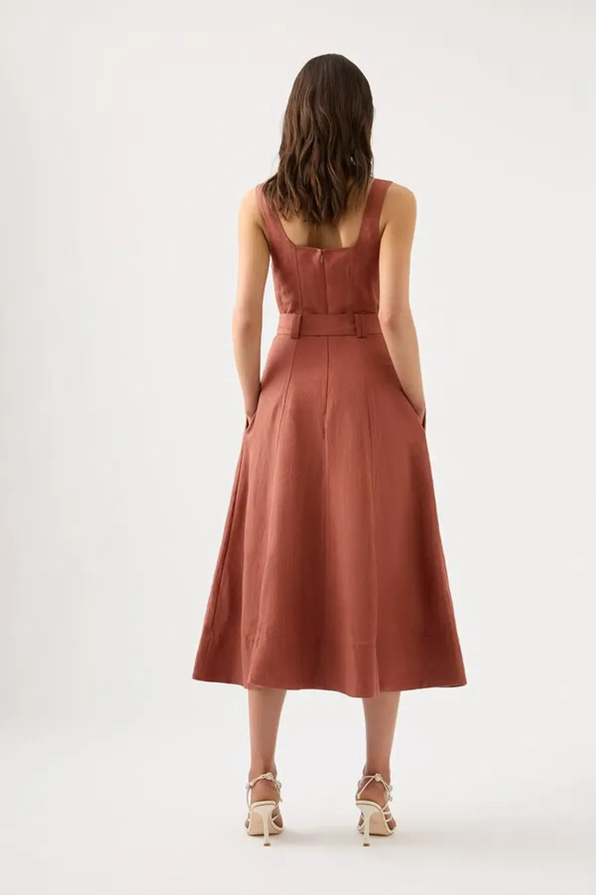 Aje Clay Belted Midi Dress In Coffee Brown | AU 8 - Image 5