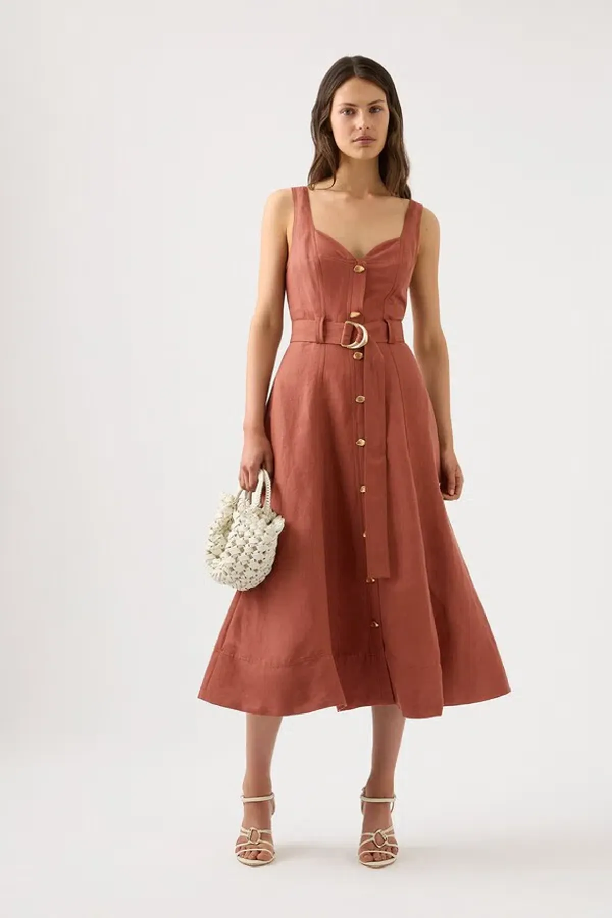 Aje Clay Belted Midi Dress In Coffee Brown | AU 8 - Image 2