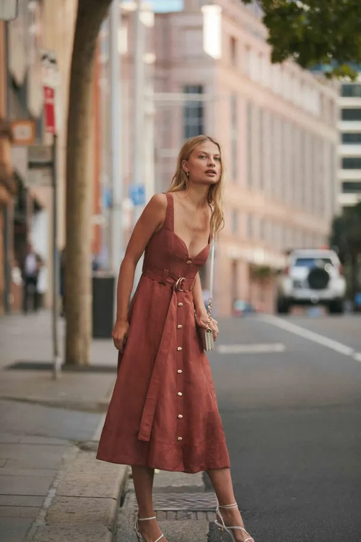 Aje Clay Belted Midi Dress In Coffee Brown | AU 8 - Image 1