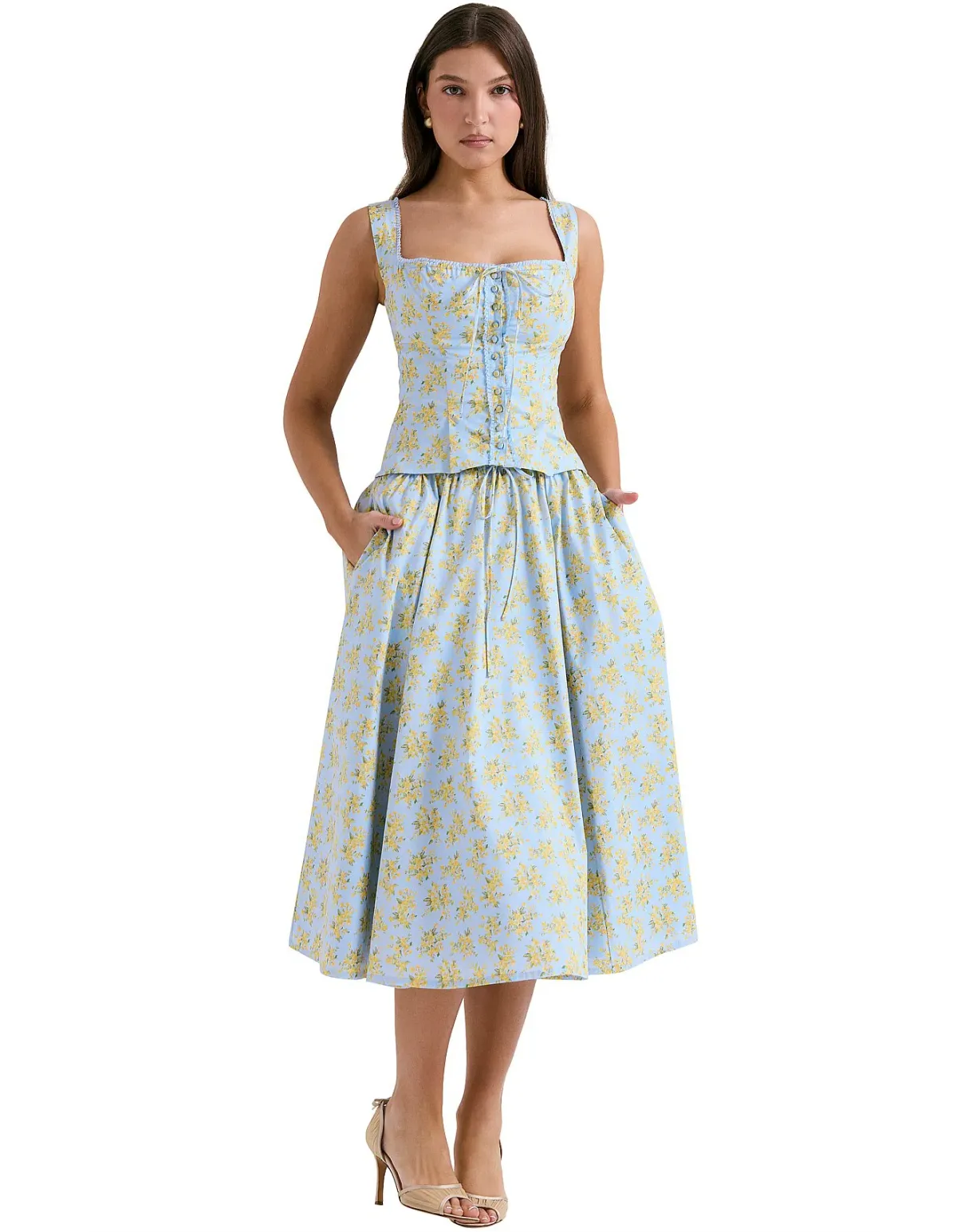 House of CB Juan Crop and Cora Midi skirt in Soft Blue Vintage Floral Print - Image 1