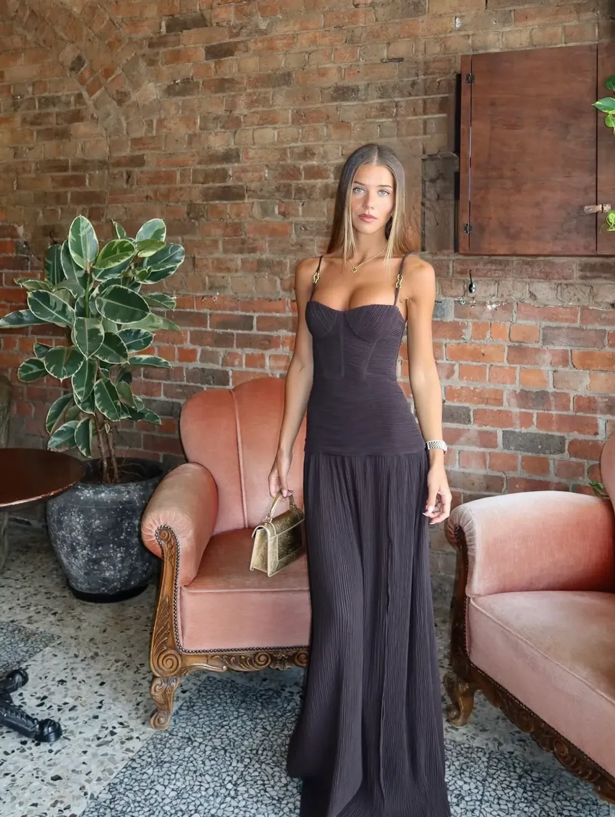 DOUBLE TIME PLEAT DRESS | DARK CHOCOLATE - SIZE 8 - Image 3