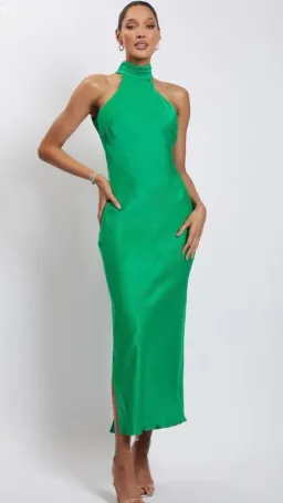 Meshki Claire Satin Drape Back Maxi Dress with Split Green s.8 for rent on The Volte - image 2