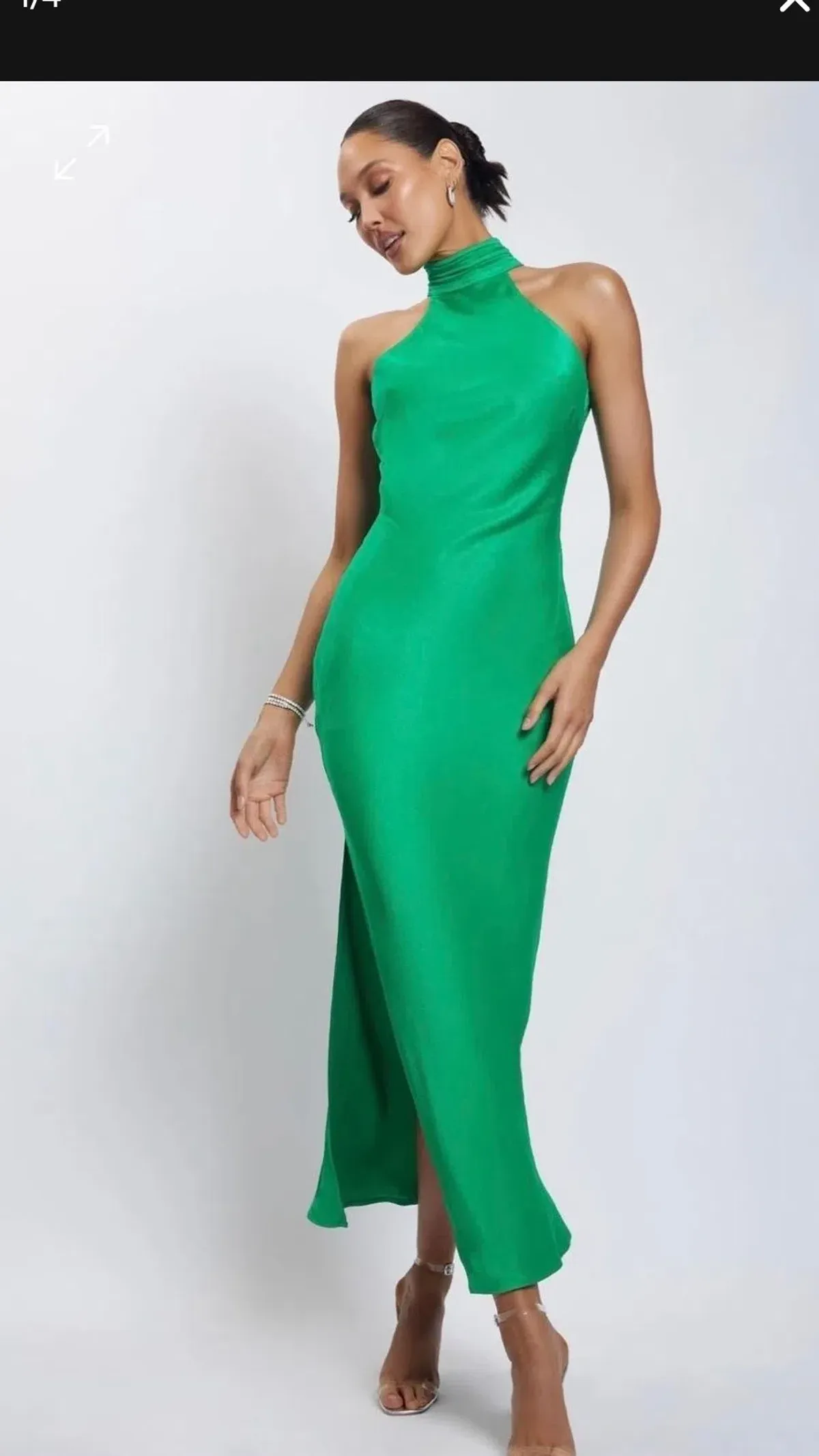Meshki Claire Satin Drape Back Maxi Dress with Split Green s.8 for rent on The Volte - main image