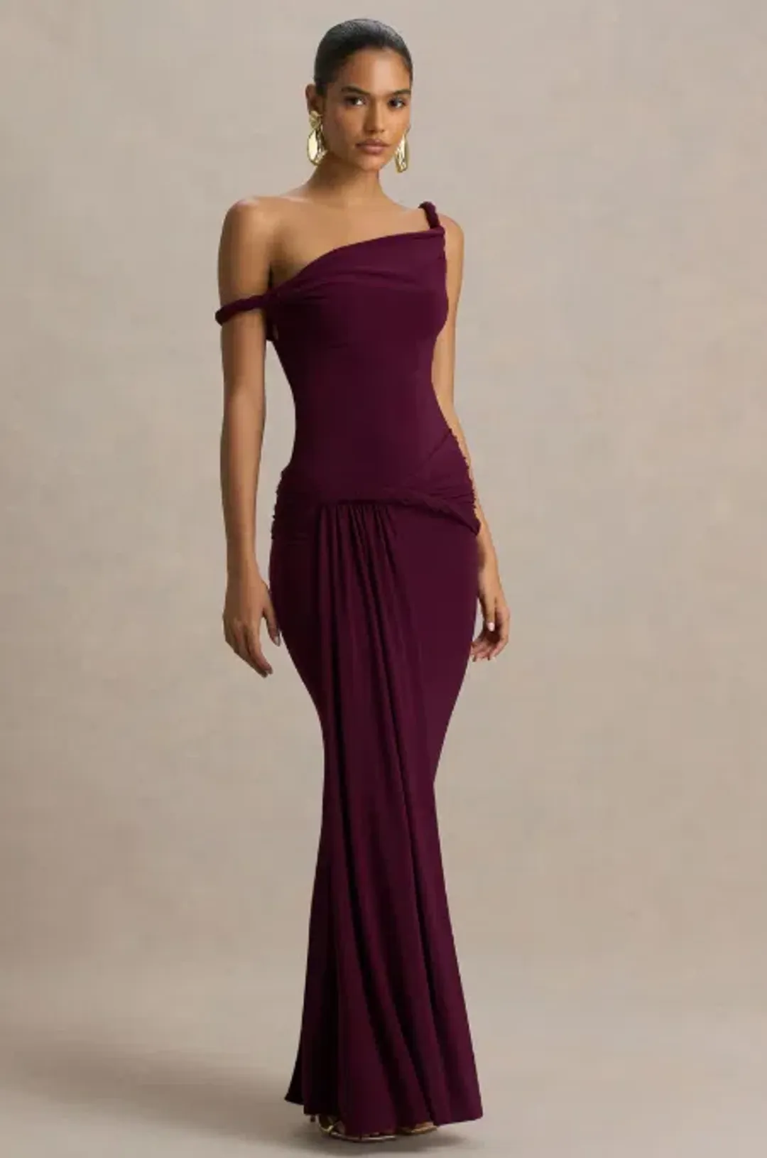 Club L London Tulisa Burgundy Asymmetric-Neck Maxi Dress With Twist Sleeves And Ruched Detailing Size 10 for rent on The Volte - main image