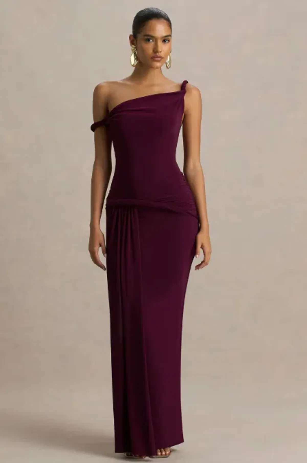 Club L London Tulisa Burgundy Asymmetric-Neck Maxi Dress With Twist Sleeves And Ruched Detailing Size 10 - Image 1