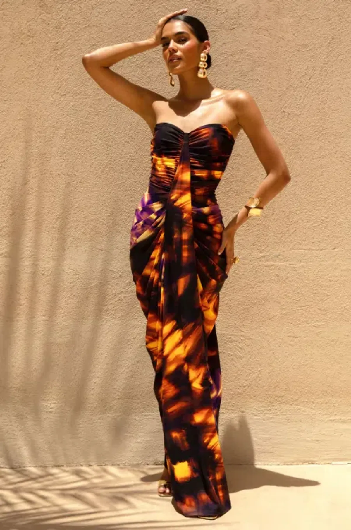 Club L London Nyra Smoke Print Sweetheart Ruched Maxi Dress Size 10 for rent on The Volte - main image