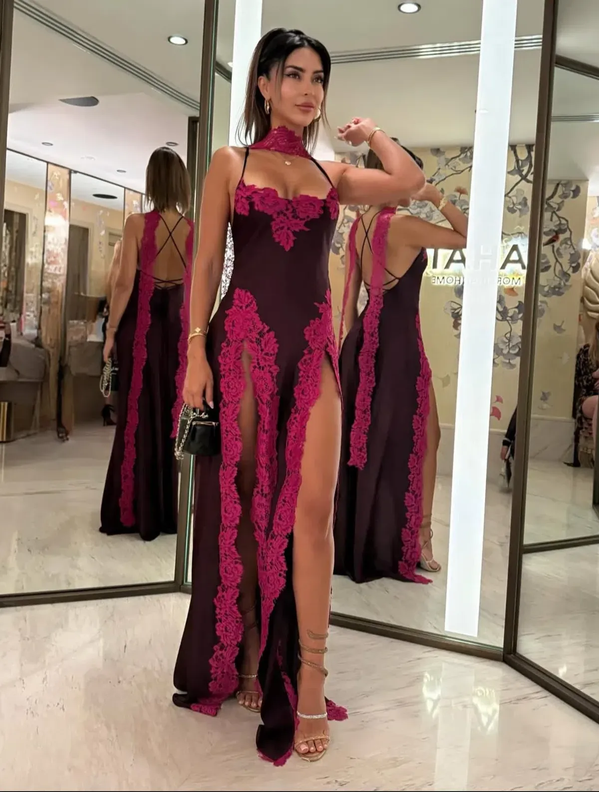 Khirzad Femme Rio Long Slip Dress Red wine Pink lace size 6 - Image 1