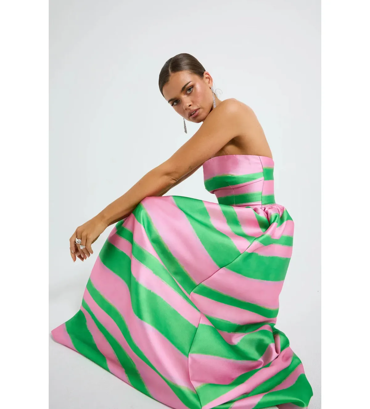 Pasduchas Gigi Strapless Midi Dress Pink and Green Stripe Taffeta Size 10 - Image 3