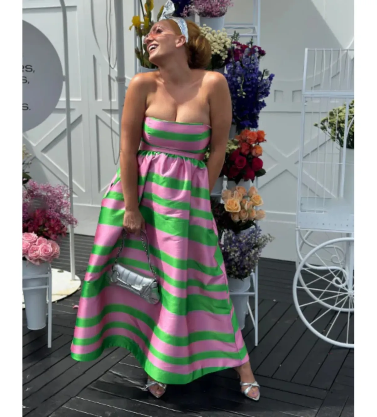 Pasduchas Gigi Strapless Midi Dress Pink and Green Stripe Taffeta Size 10 - Image 1