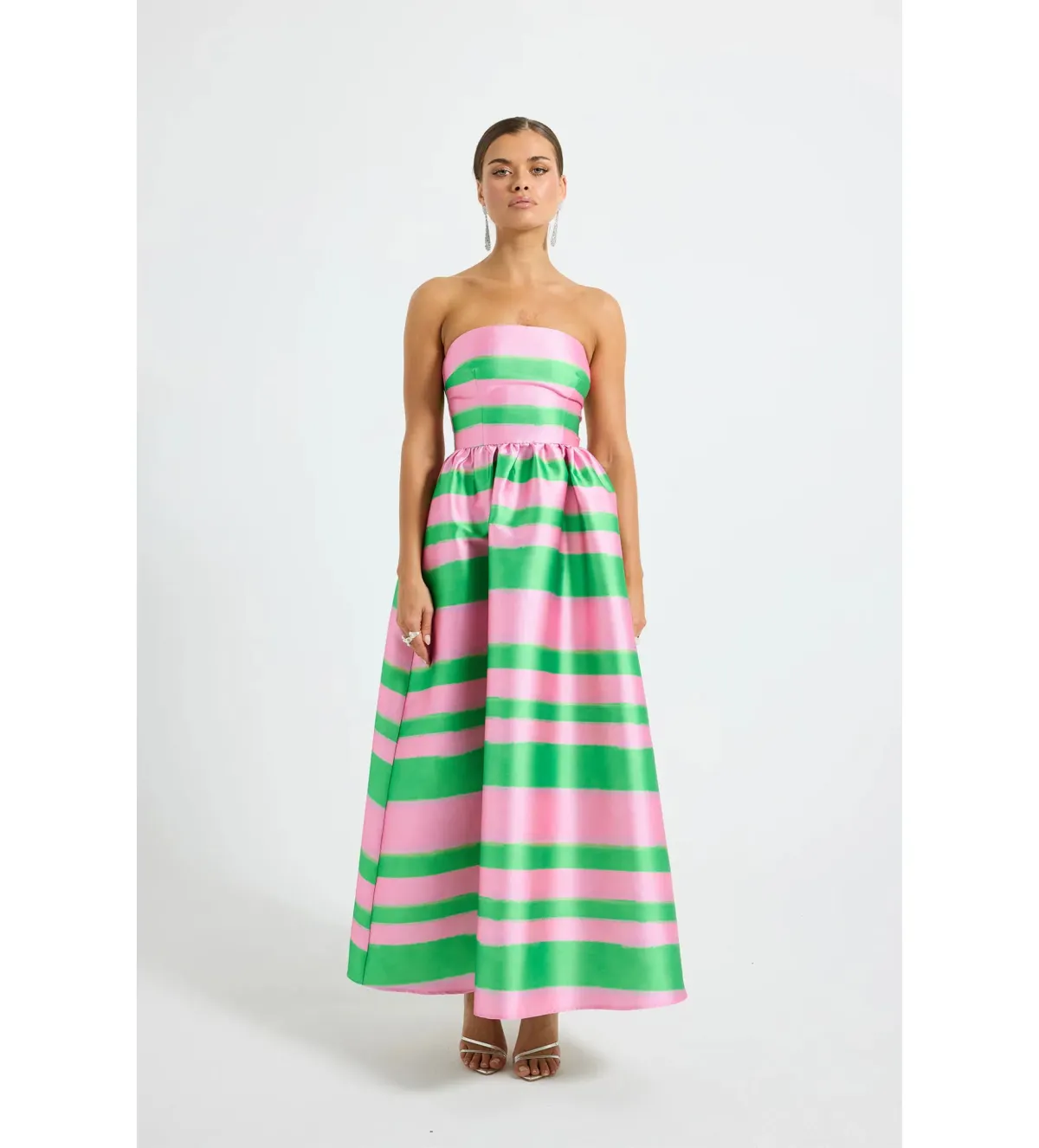 Pasduchas Gigi Strapless Midi Dress Pink and Green Stripe Taffeta Size 10 - Image 2