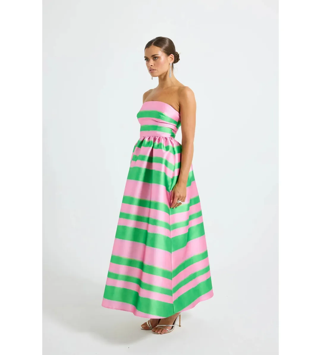 Pasduchas Gigi Strapless Midi Dress Pink and Green Stripe Taffeta Size 10 for rent on The Volte - main image