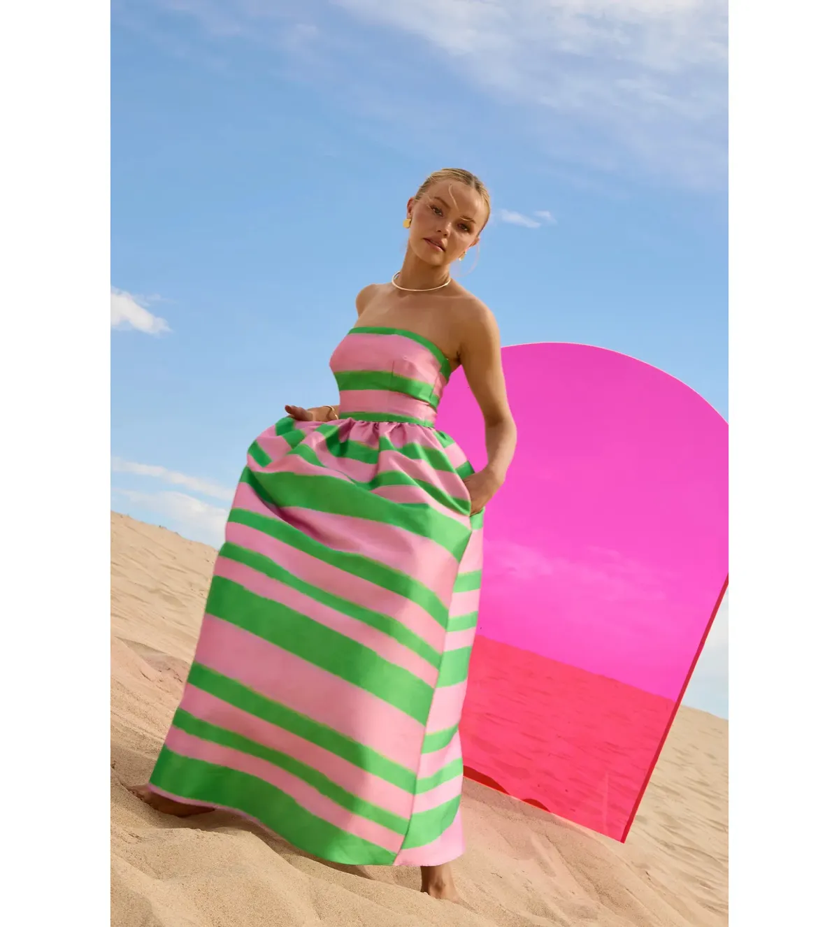 Pasduchas Gigi Strapless Midi Dress Pink and Green Stripe Taffeta Size 10 - Image 4