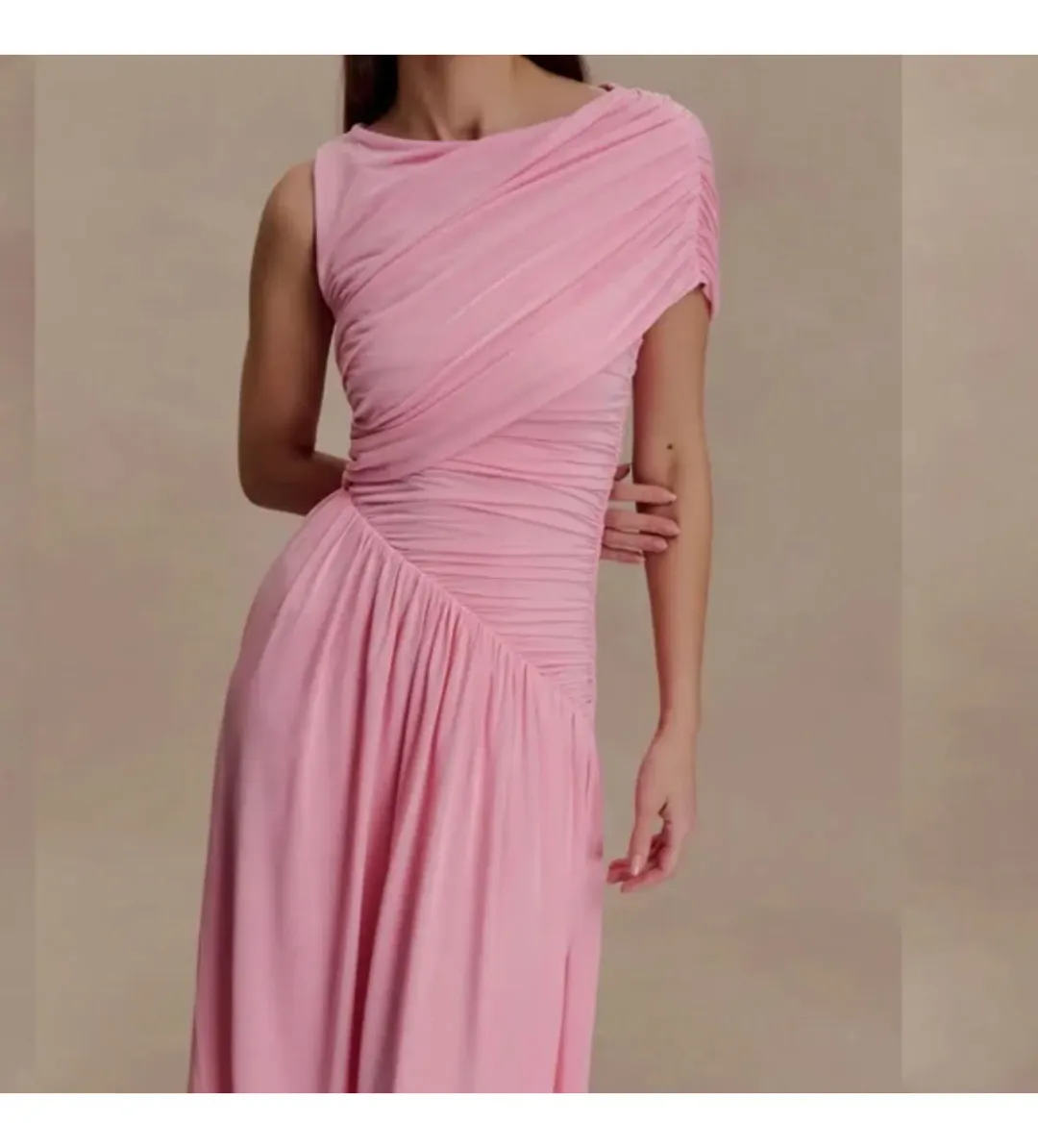 Meshki Ayeshya Slinky Asymmetric Maxi Dress in Candy Pink Size AU10 for rent on The Volte - main image