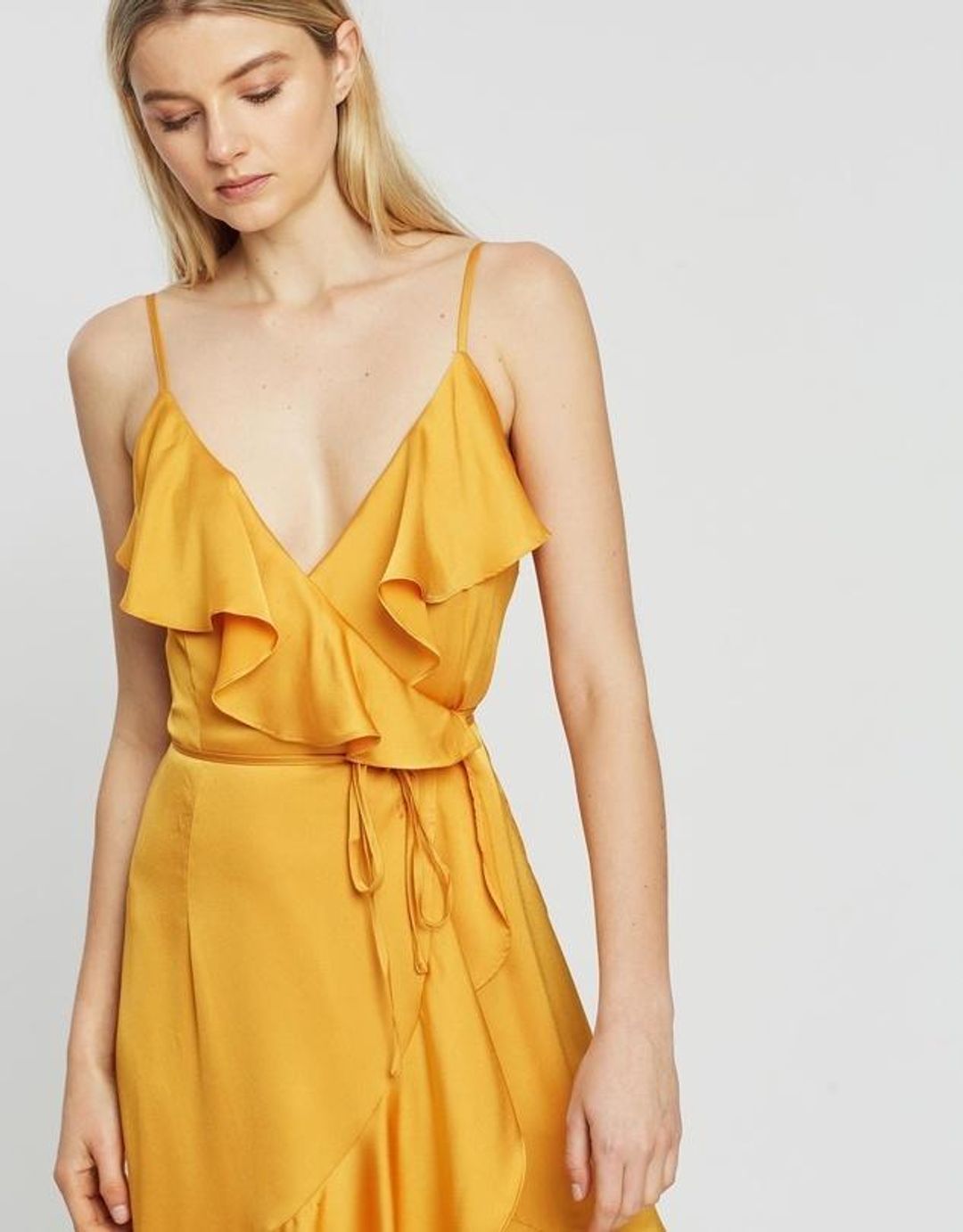 Shona Joy Oro Bias Frill Wrap Dress Yellow Size 10 for rent on The Volte - main image