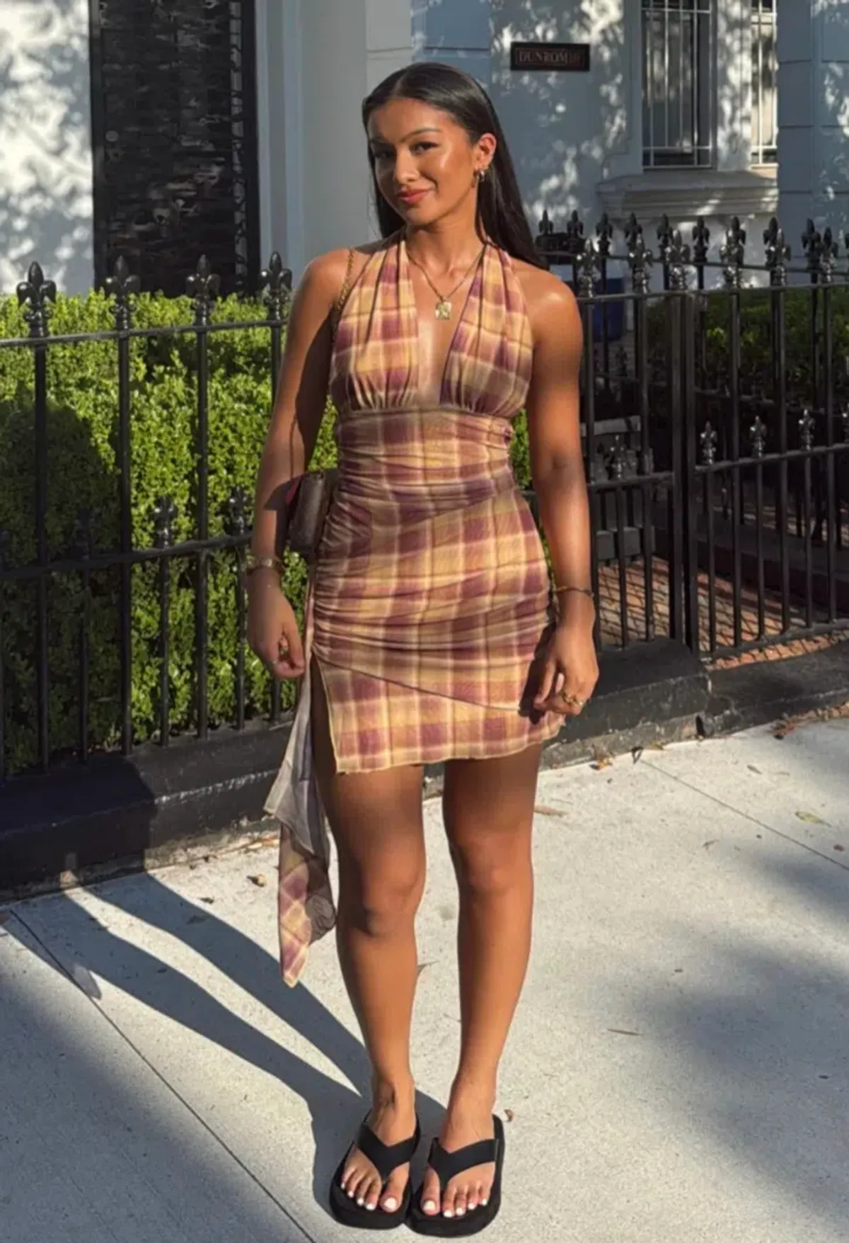 Benni Penelope Halter Mini Dress Toffee Check - Image 2