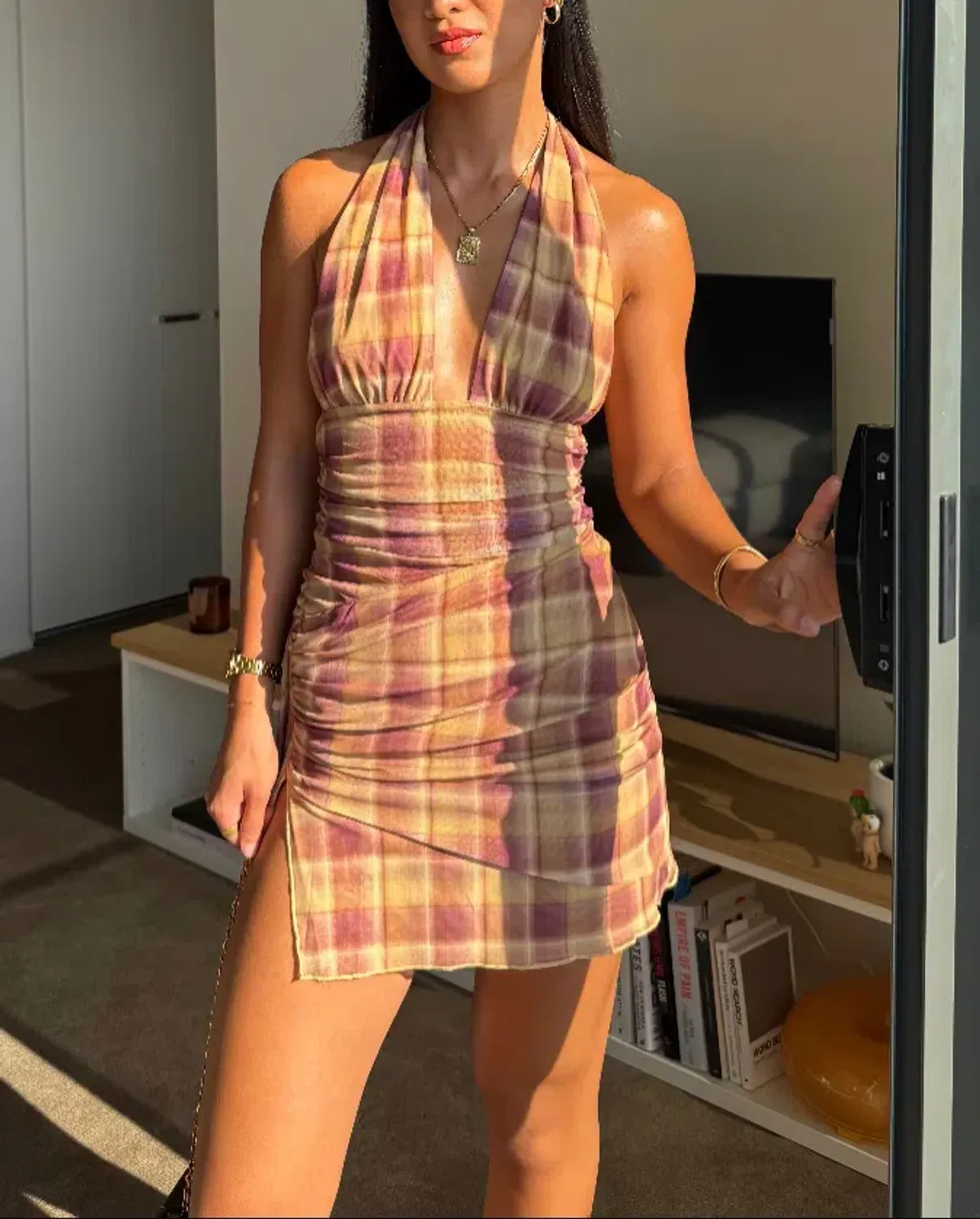 Benni Penelope Halter Mini Dress Toffee Check - Image 1