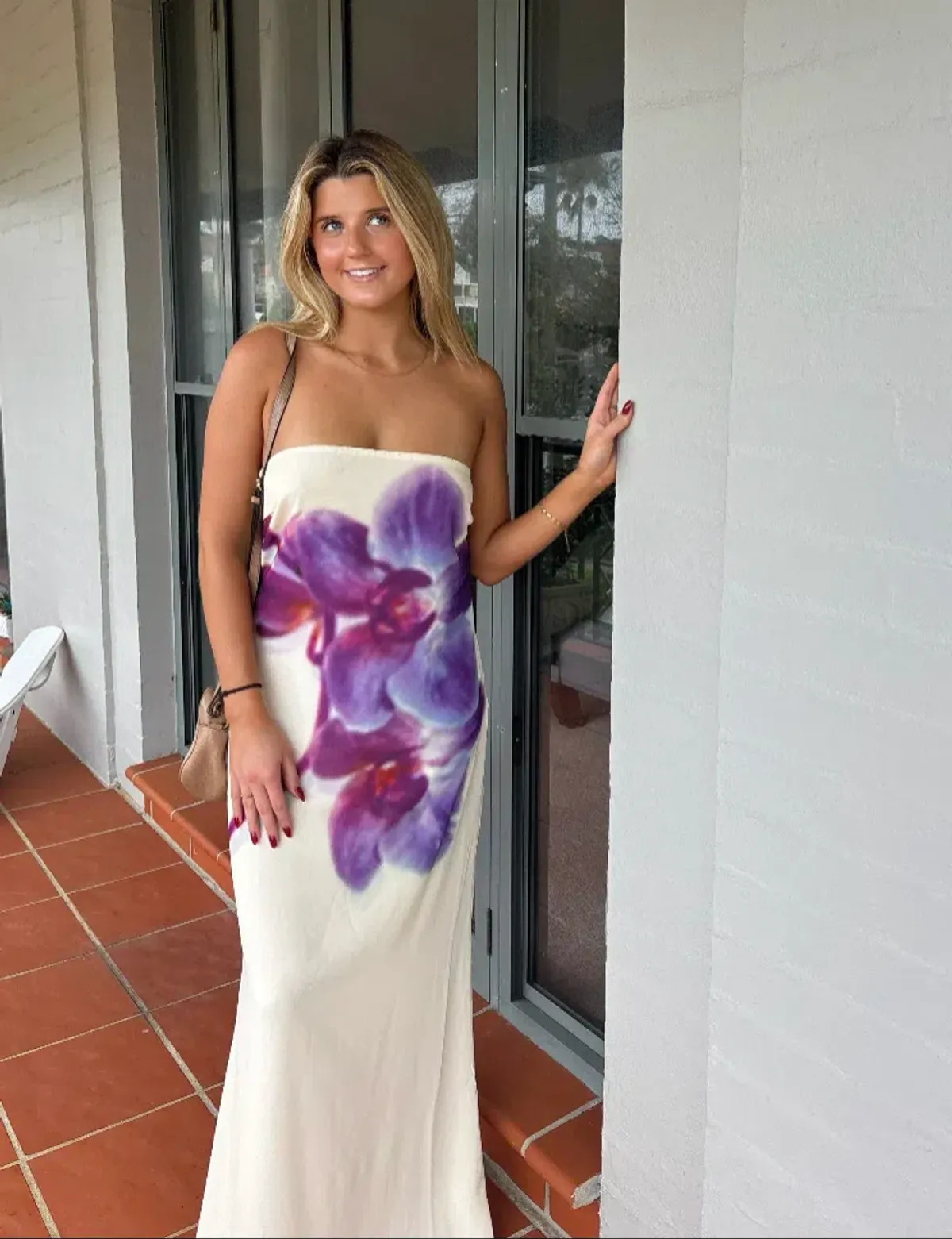 Meshki Amaya Strapless Chiffon Maxi Dress Ivory Koi Orchid for rent on The Volte - main image