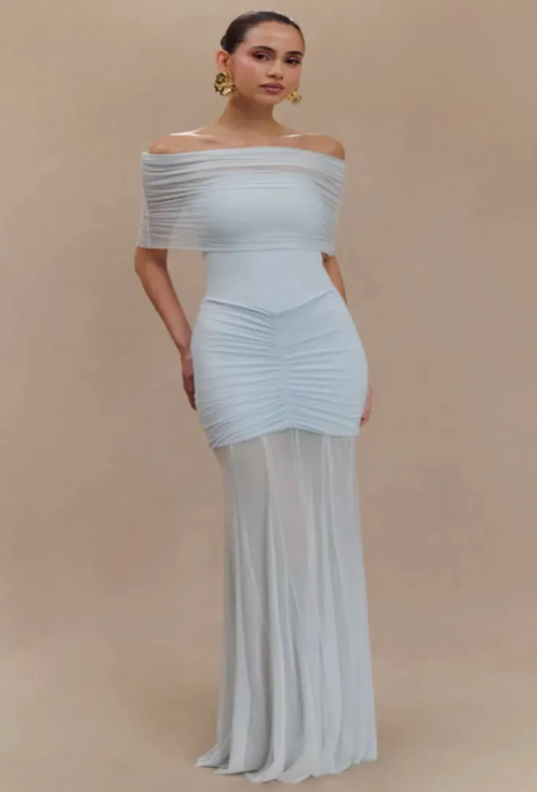 Meshki Caspian Slinky And Mesh Off Shoulder Maxi Dress - Pale Blue for rent on The Volte - main image