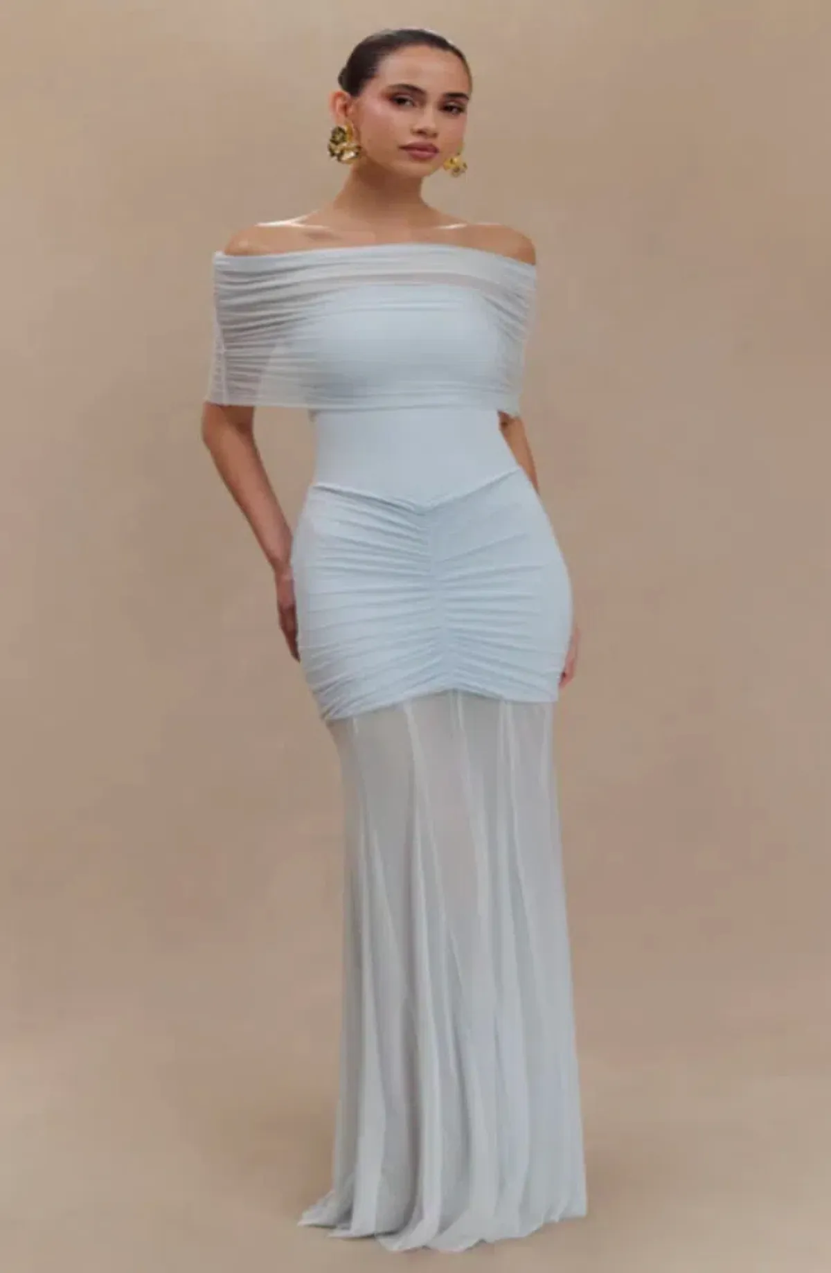 Meshki Caspian Slinky And Mesh Off Shoulder Maxi Dress - Pale Blue for rent on The Volte - main image