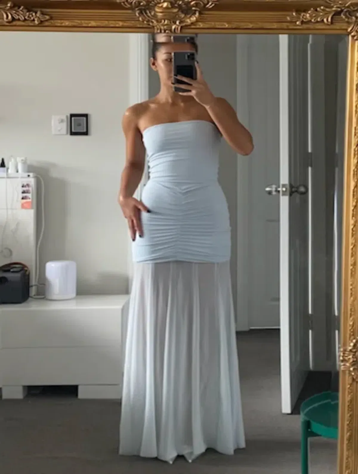 Meshki Caspian Slinky And Mesh Off Shoulder Maxi Dress - Pale Blue - Image 2