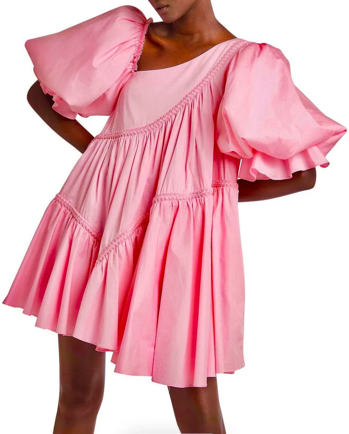Cassabianca Braided Asymmetric Puff Sleeve Pink Mini Dress - Image 2