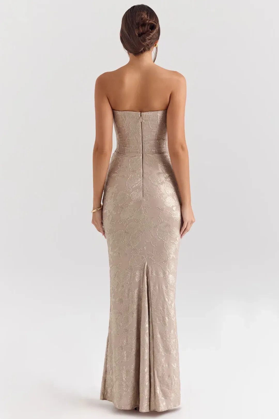 House of CB Persephone Pale Gold Chiffon Mesh Strapless Corset Maxi Dress Size M/AU 10 Bigger Cup for rent on The Volte - main image