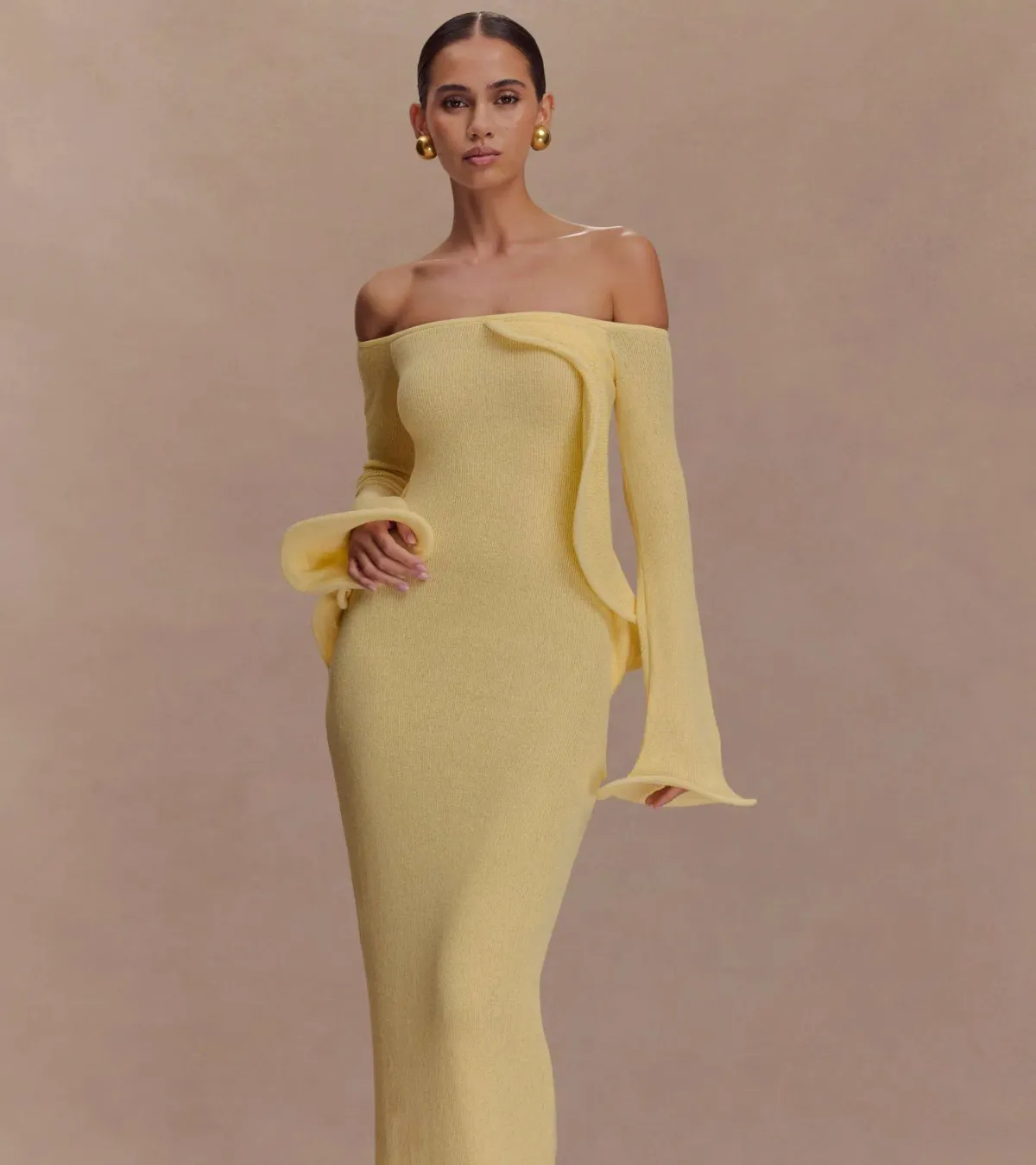 Meshki Sandrine Off Shoulder Knit Maxi Dress - Lemon - Size L / AU 12 - Image 2