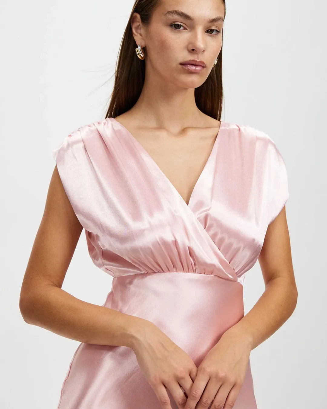 Pink Satin Cross Over Gather Dress THIRD FORM for rent on The Volte - main image