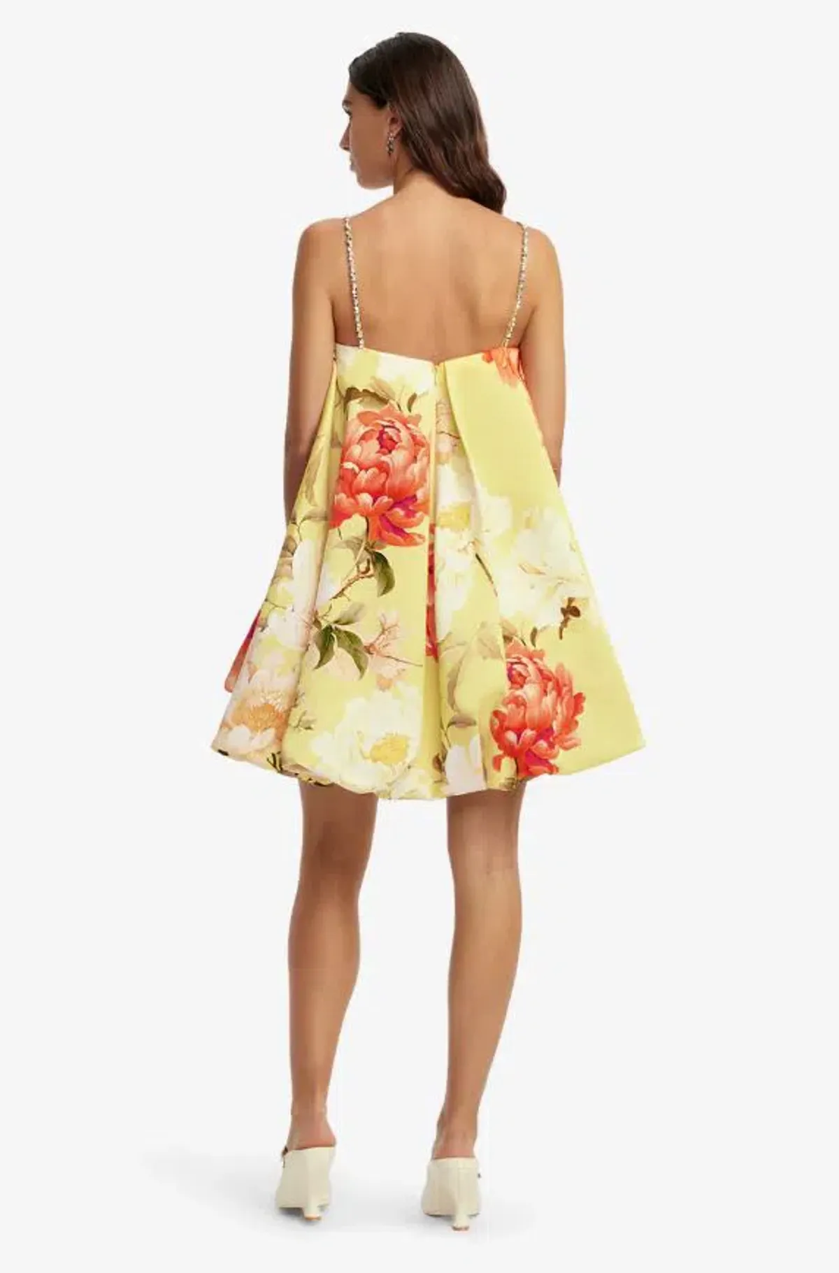 Leo Lin Pasty Embellished Puff Mini Dress Peony Print Yellow 12 - Image 2