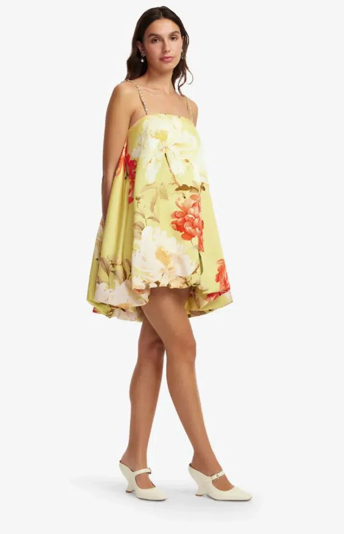 Leo Lin Pasty Embellished Puff Mini Dress Peony Print Yellow 12 - Image 3