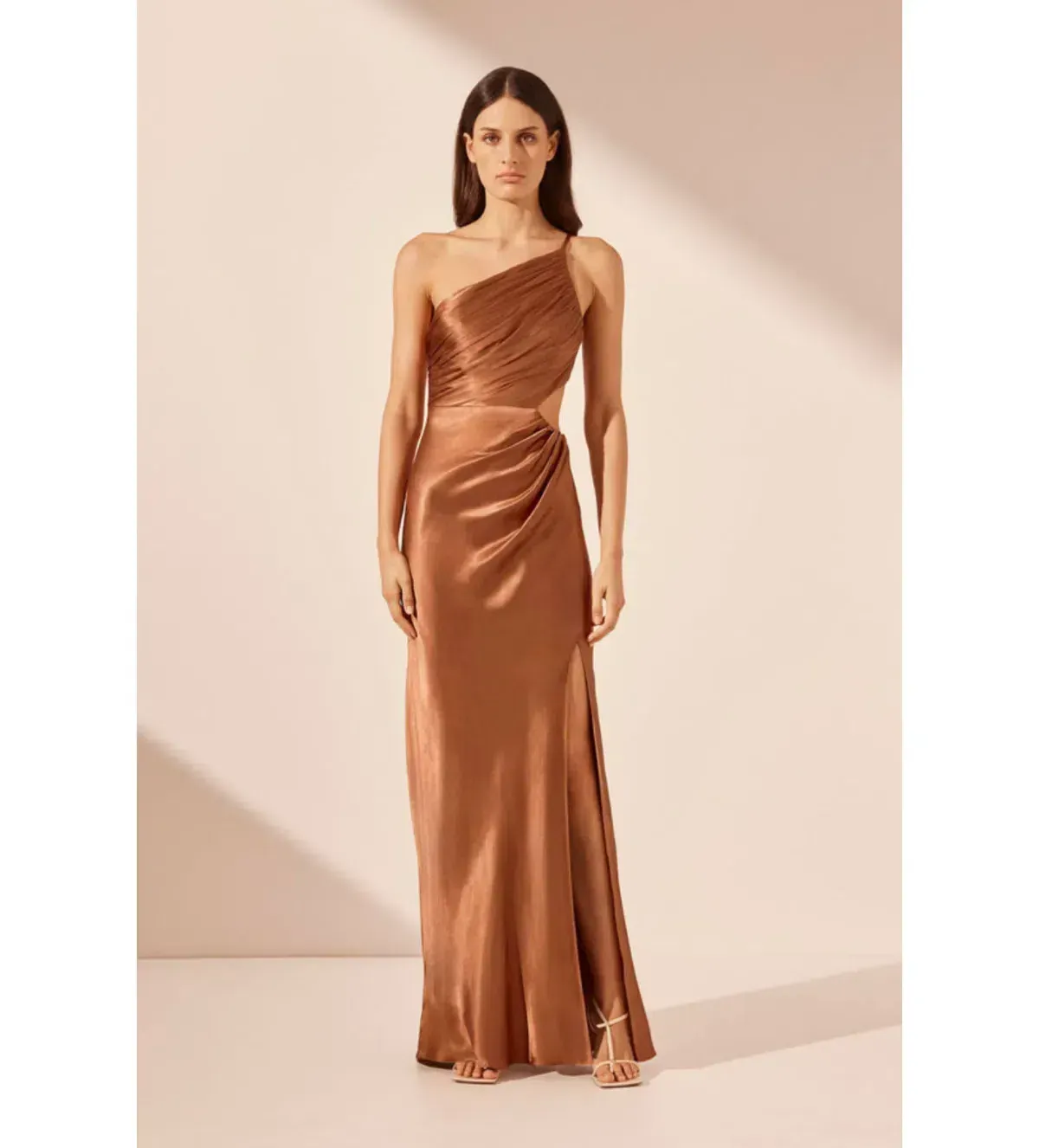 Shona Joy La Lune Asymmetrical Gathered Maxi Dress Almond | Size 10 - Image 1