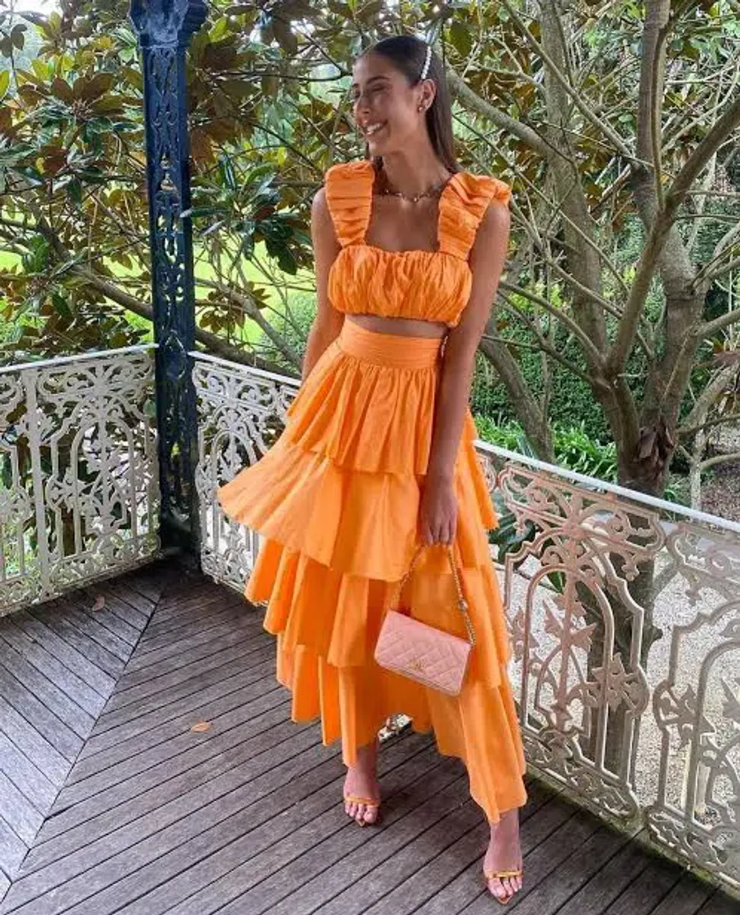 Aje Medina Mandarin Orange Set Top and Tiered Skirt Size 4-6 for rent on The Volte - main image
