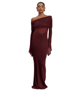 Meshki Kaitlin One Shoulder Slinky And Mesh Maxi Dress - Burgundy - Size 3XL / AU 18 for rent on The Volte - image 1