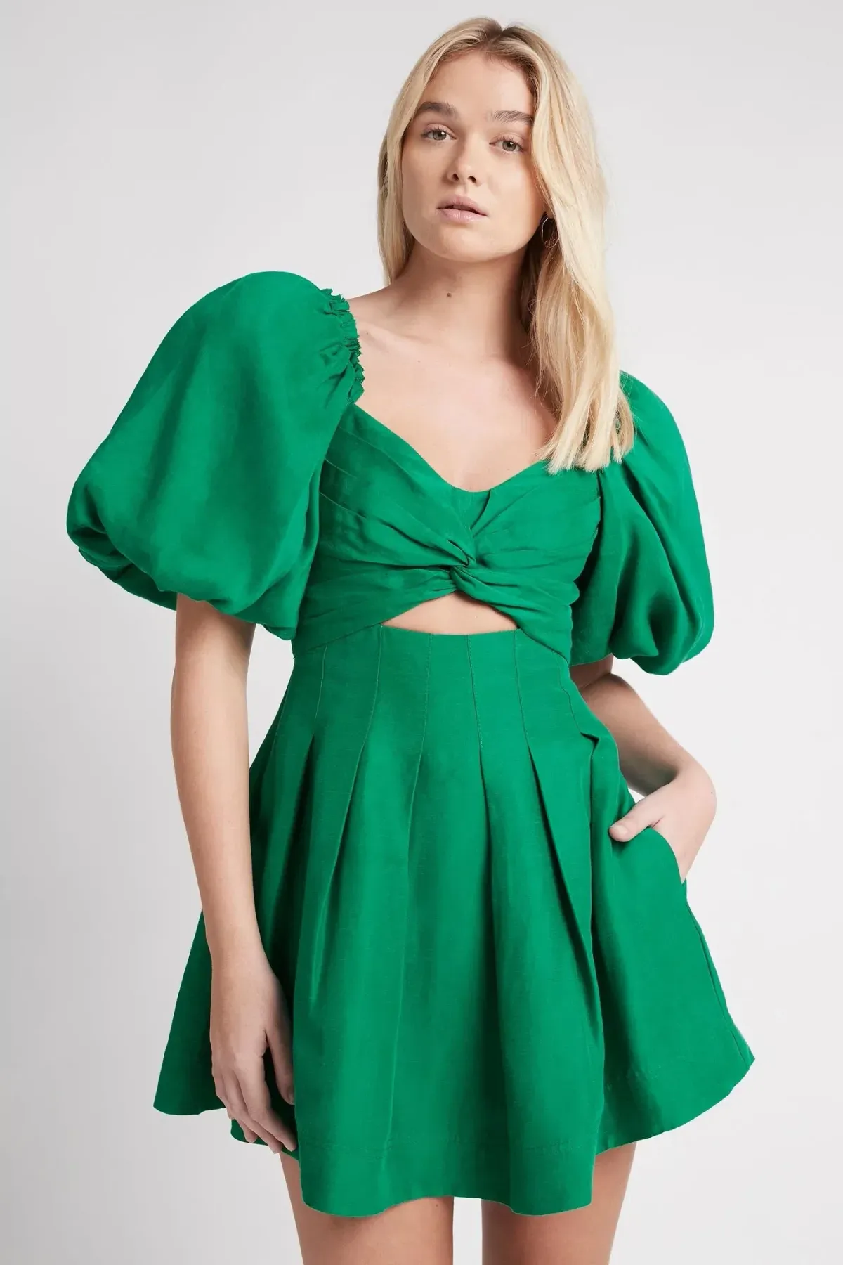 Aje Dusk Knot Puff Sleeve Mini Dress Emerald Green Size 6 - Image 1