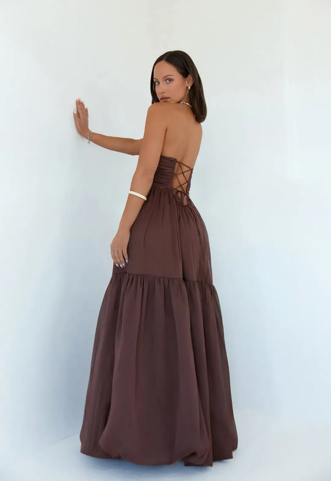 Strapless Brown Maxi Style Dress for rent on The Volte - main image