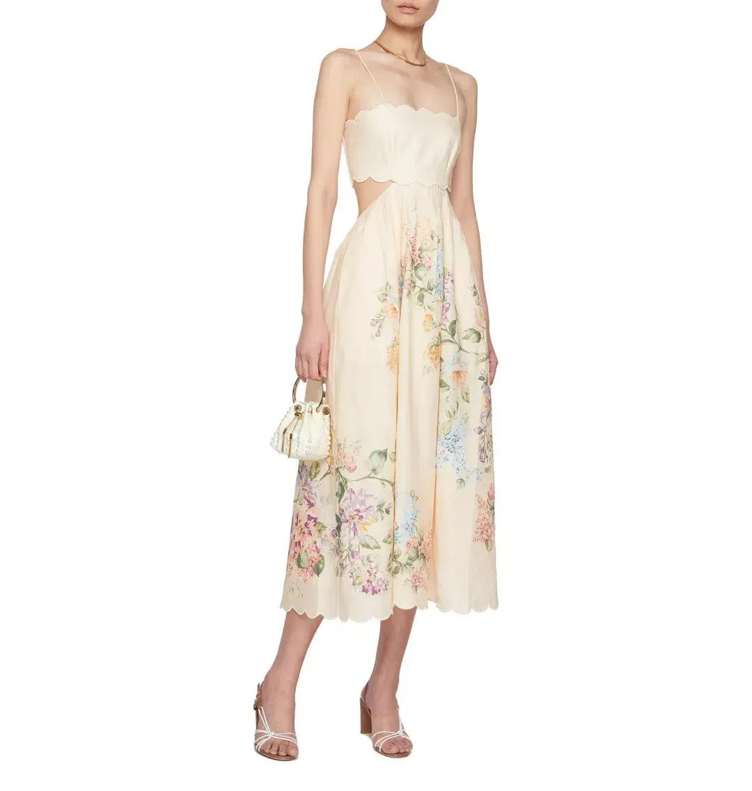 ZIMMERMANN HALLIDAY SCALLOP MIDI DRESS CREAM WATERCOLOUR FLORAL SIZE 1 / AU 10 for rent on The Volte - main image