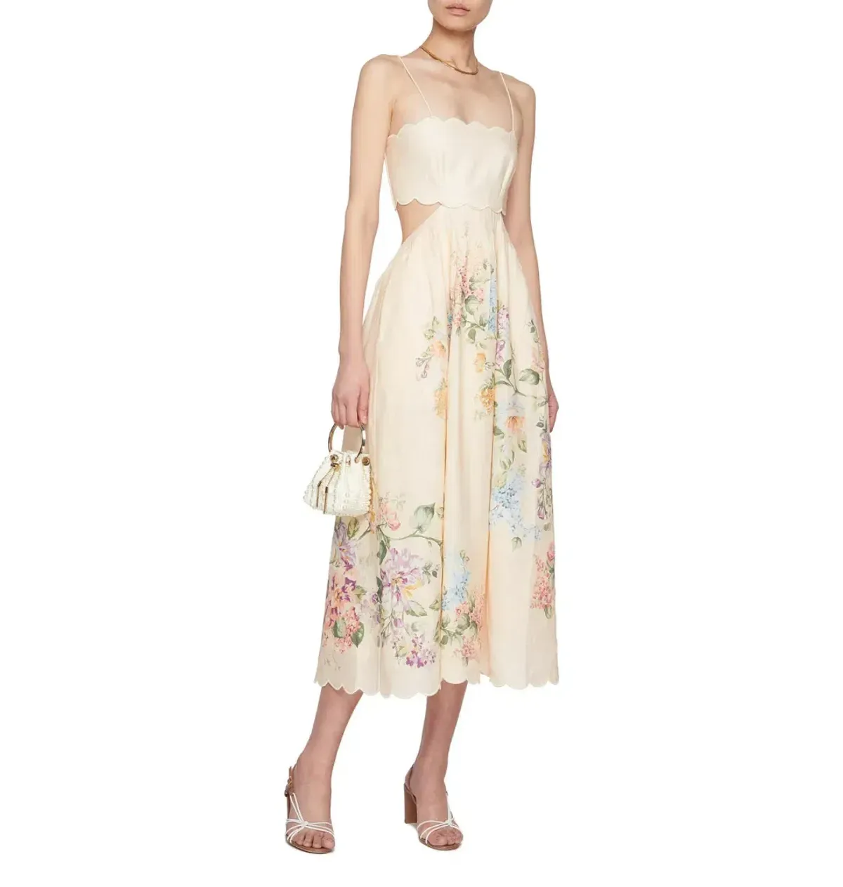 ZIMMERMANN HALLIDAY SCALLOP MIDI DRESS CREAM WATERCOLOUR FLORAL SIZE 1 / AU 10 - Image 3