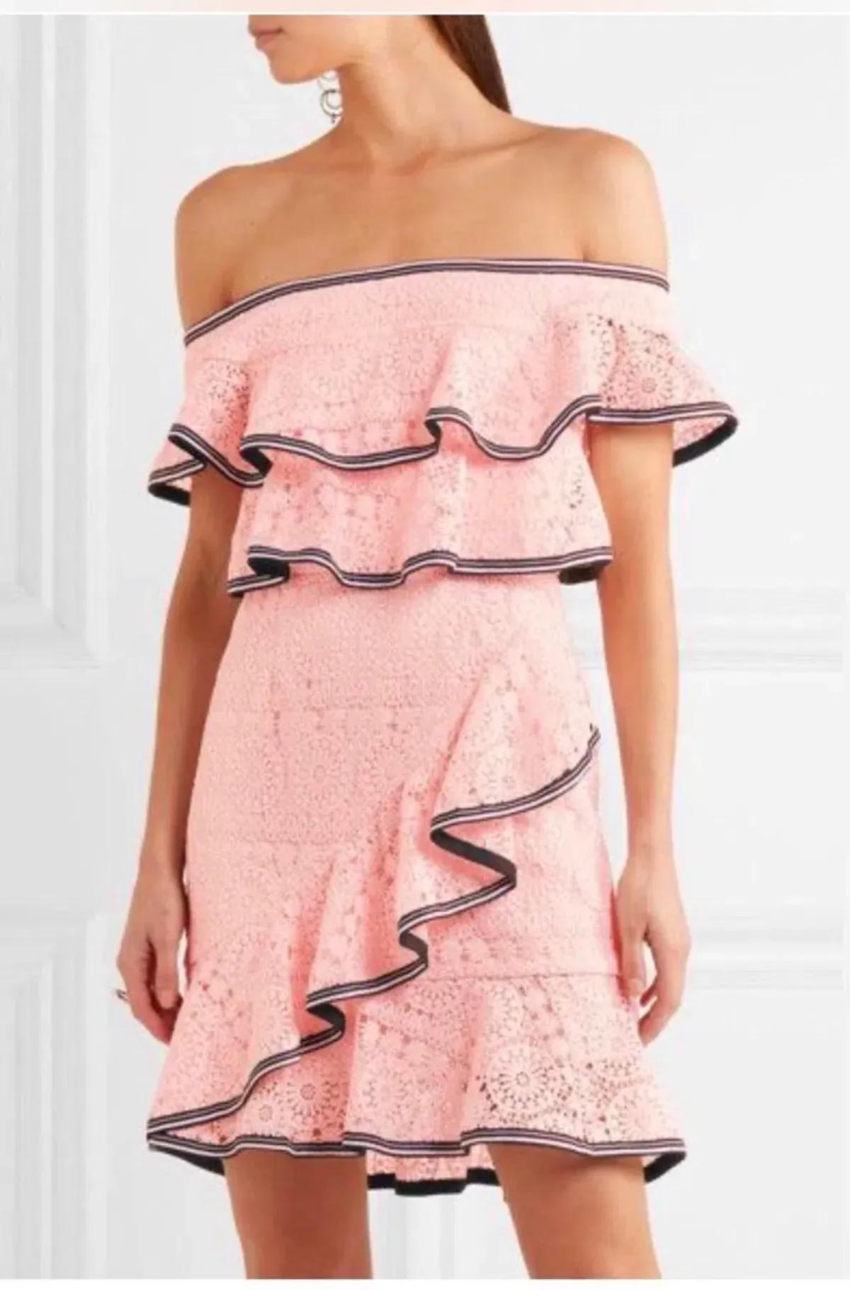 Rebecca Vallance Courtside Off-the Shoulder Ruffled Guipure Lace Mini Dress in Pink. Size 12. - Image 1