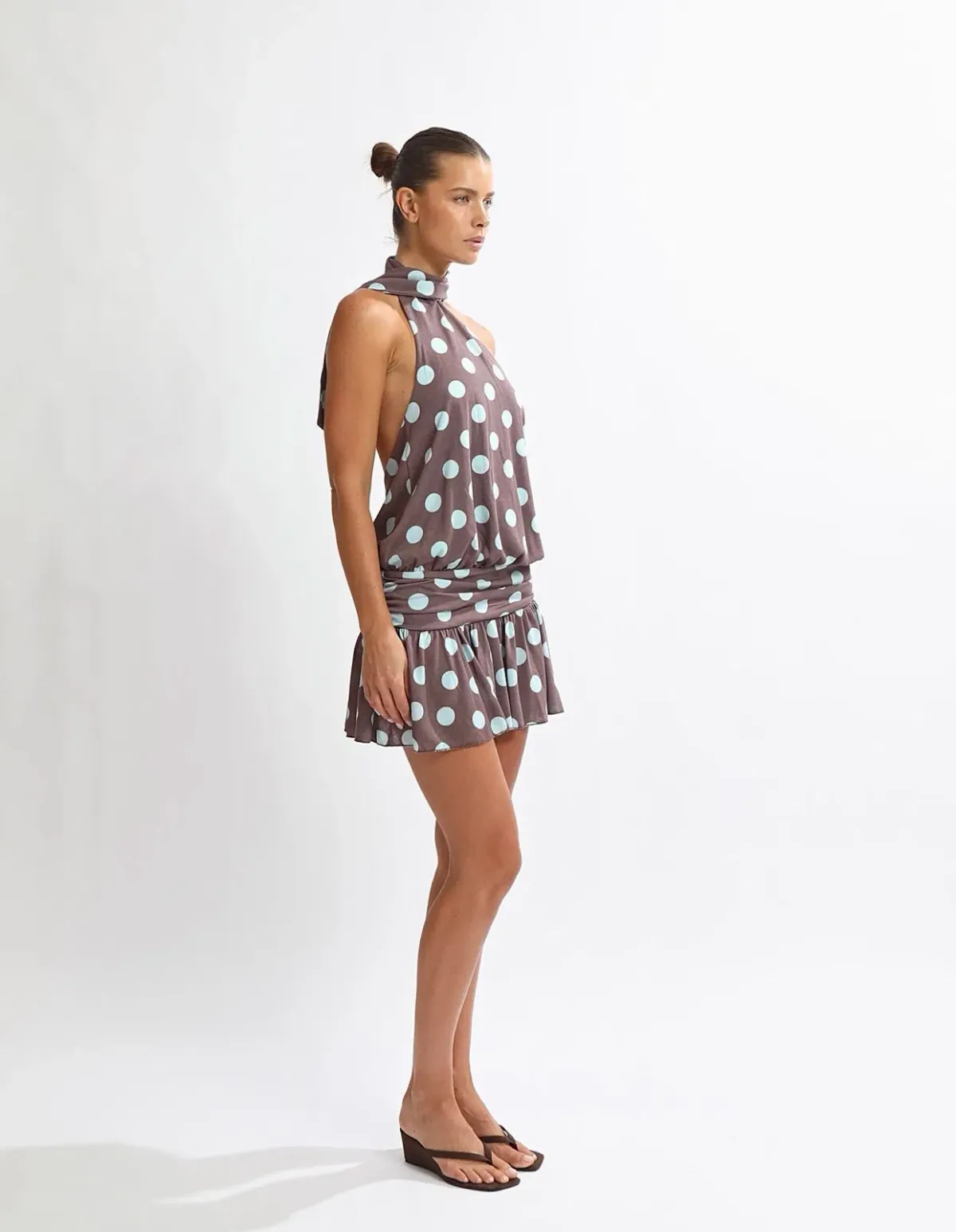 One Mile Mira mini dress brown/blue polka dots - Image 1